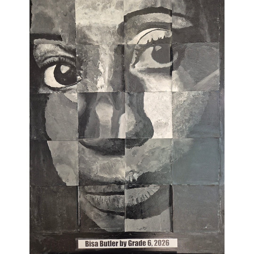 For this years collaborative portrait, Grade 6 painted the artist Bisa Butler by creating one square per student using a stippling technique.
Bisa Butler ist known for her large-scale, vibrant quilted portraits celebrating African American history, identity, and life. She transforms black-and-white historical photographs into colourful, life-sized fabric artworks using intense, jewel-toned colours and layered African textiles to convey intimacy, power, and humanity.
#thisISUs #art #education