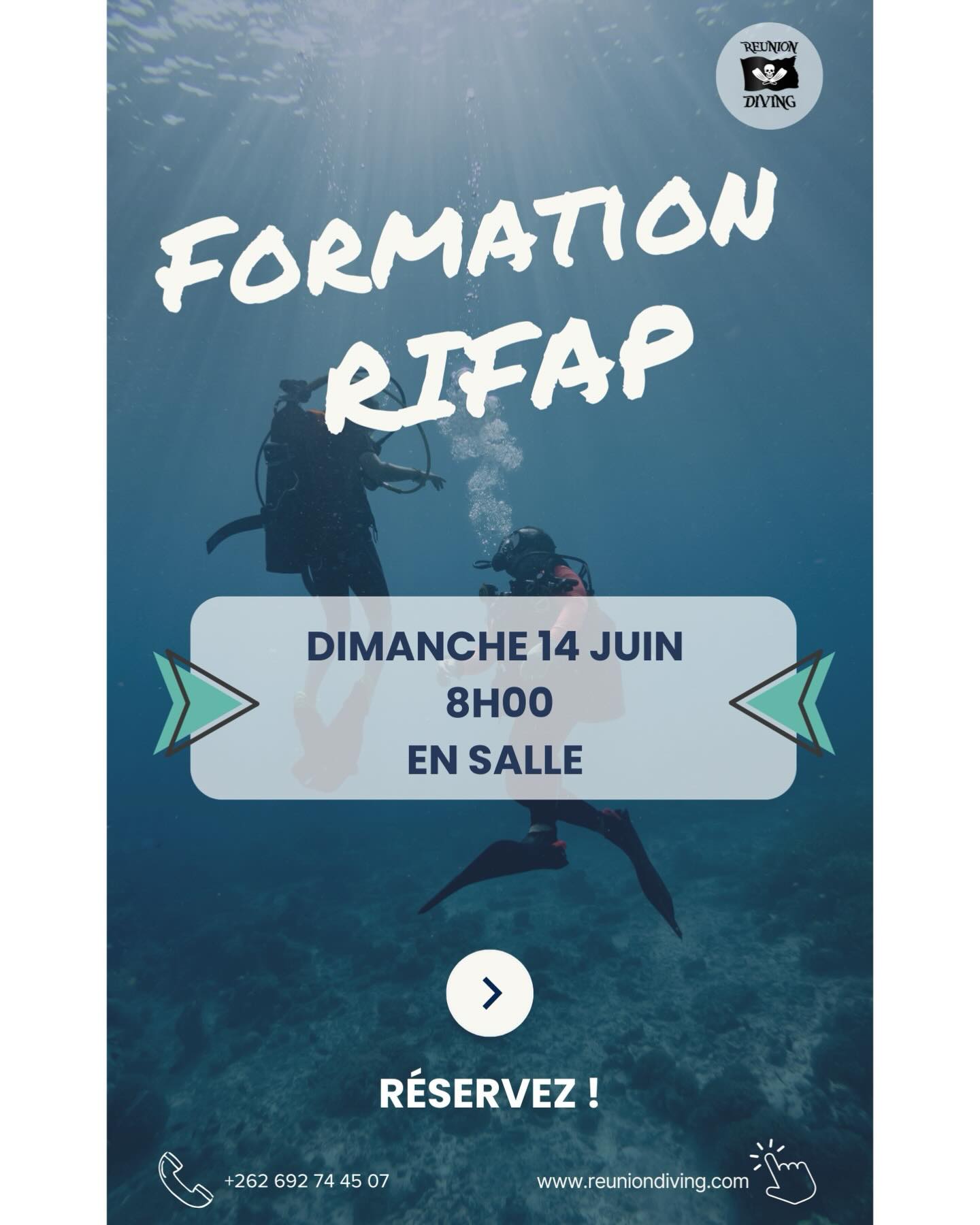 🌊 Formation RIFAP – Soyez prêt à intervenir sous l’eau !
Vous êtes plongeur et souhaitez renforcer vos compétences en sécurité et en assistance ? Rejoignez notre prochaine formation RIFAP (Réactions et Intervention Face à un Accident de Plongée).
Le Niveau 3 est dans vos objectifs ? Le RIFAP est une étape incontournable de votre parcours de plongeur autonome. Pensez à le valider dès maintenant pour avancer sereinement dans votre progression.
📅 Date : Dimanche 14 Juin
📍 Lieu : Saint Gilles les bains
📞 Renseignements et inscriptions : 06 92 74 45 07
Parce que la sécurité est l’affaire de tous, formez-vous et devenez un plongeur encore plus responsable !
#PlongéeSousMarine #RIFAP #SécuritéPlongée #FormationPlongée #ClubDePlongée