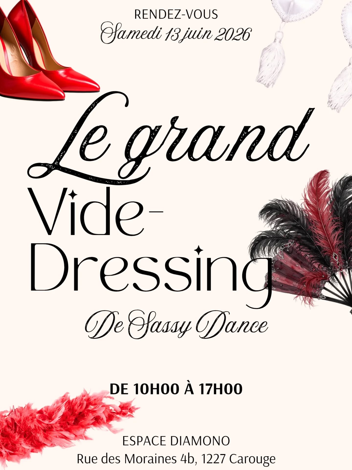 ✨⚠️ ALERTE AUX PAILLETTES : notre dressing burlesque déborde... et il est temps qu'il trouve de nouvelles propriétaires ! 💋✨
Après plus de 5 ans à collectionner costumes, accessoires et trésors de scène, nous faisons enfin de la place.
🎭 GROS VIDE-DRESSING BURLESQUE & CABARET
📅 Samedi 13 juin
⏰ 10h00 à 17h00
📍 Espace des Diamono, rue des Moraines 4b, 1227 Carouge
Au programme :
✨ Corsets
✨ Lingerie
✨ Plumes
✨ Paillettes
✨ Talons
✨ Accessoires de scène
✨ Vêtements et costumes
✨ Pièces uniques et trésors burlesques
💰 Prix attractifs
💳 Paiement en espèces ou Twint uniquement
Que vous soyez artiste, danseuse, passionnée de cabaret ou simplement curieuse de dénicher une pièce originale, venez fouiller, essayer, chiner et repartir avec quelques éclats de glamour et de paillettes.
⚠️ Certaines pièces sont uniques : premier arrivé, premier servi !
On se réjouit de vous accueillir pour cette journée placée sous le signe des bonnes affaires, du cabaret et des paillettes. ✨
--
#Geneve #Burlesque #Carouge #VideDressing #Cabaret