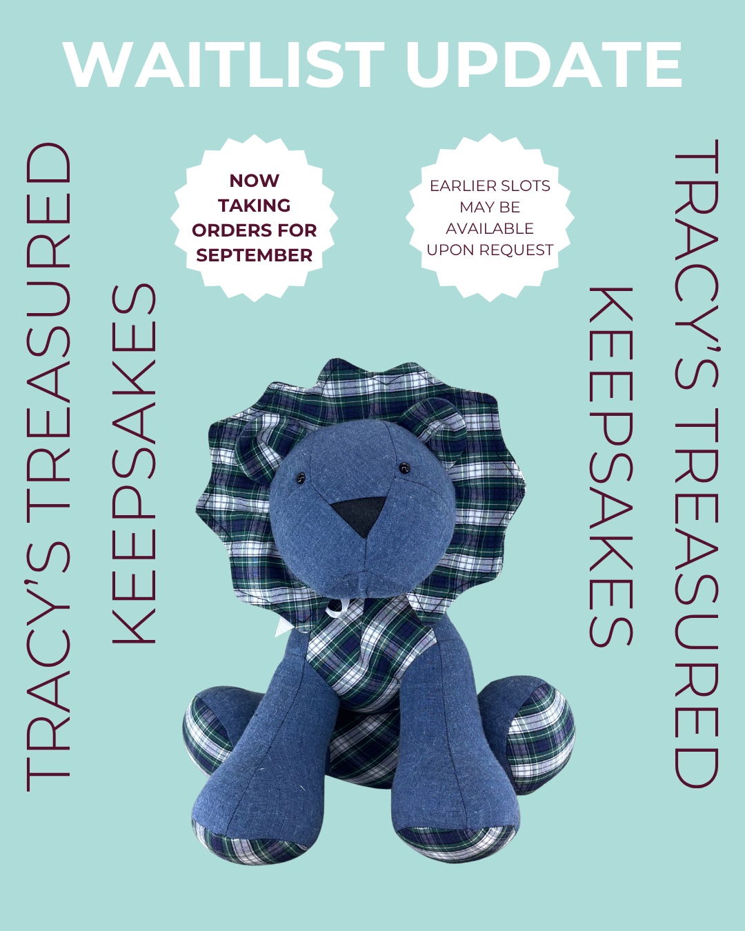 Waitlist update: I'm now taking orders for September!
If you've been thinking about transforming those precious clothes into a keepsake, now's the time to get your order in. Spaces are filling up quickly, so don't leave it too late!
Want to skip the waitlist? Comment FAST-TRACK and I can get your order to you sooner!
#TracysTreasuredKeepsakes #SmallBusinessUK #PersonalisedKeepsakes #HertsCustomKeepsakes #HandmadeGiftsUK