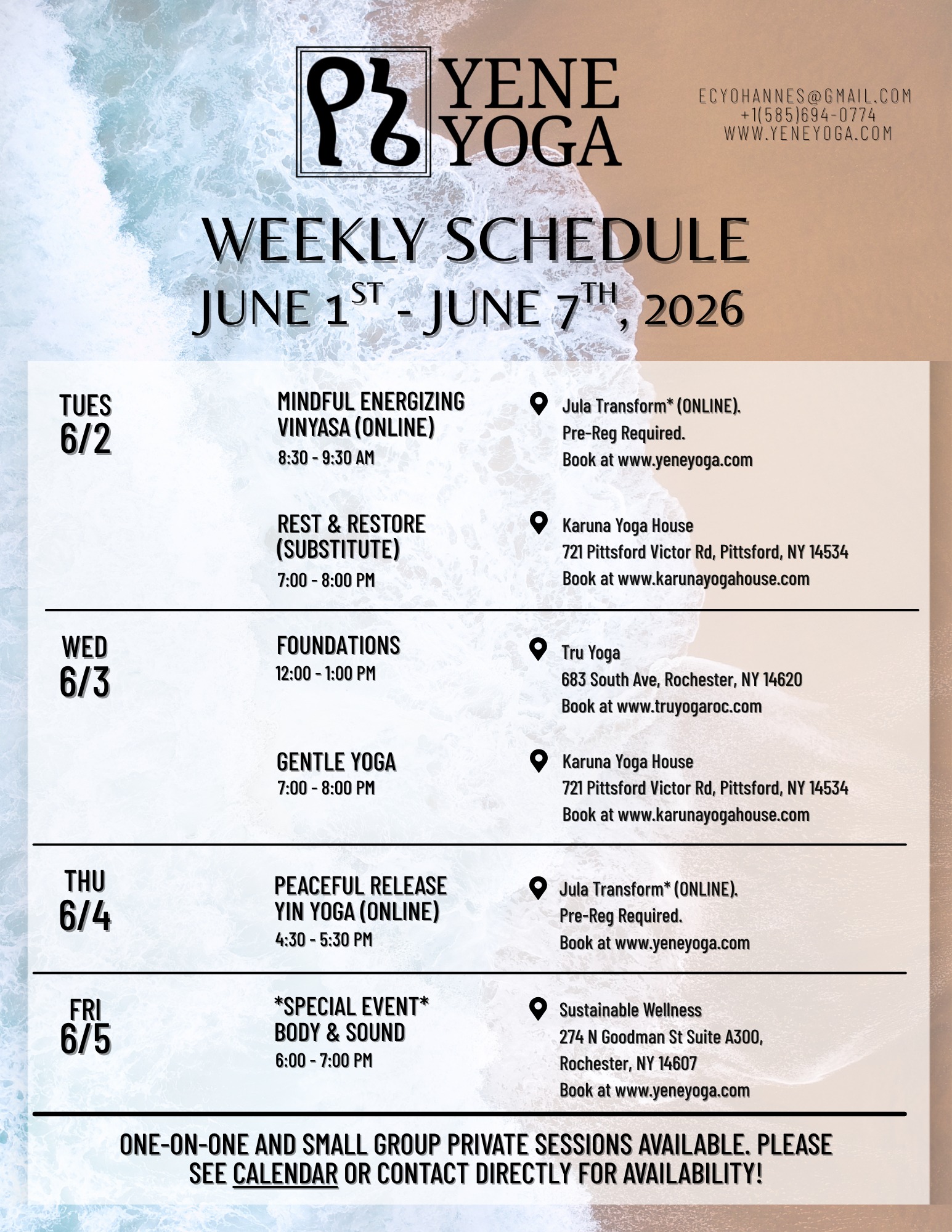This week's newsletter, Siddhi - सिद्धि — Joy, Pride, and Power, is now live! Read on for reflections on embodiment and personal power, this week's schedule, and information on upcoming events and new class offerings:
https://www.yeneyoga.com/so/42PvxAqWj?languageTag=en
📢 ANNOUNCEMENTS
Starting THIS week, join me for Gentle Yoga on Wednesdays, 7:30 - 8:30 PM, at @karunayogahouse ! Learn more at www.karunayogahouse.com.
📌EVENTS
FRIDAY, JUNE 5TH, 6:00 - 7:00 PM: Join me, @dancingdav, and artist @vanishingsunband for a blissful hour of sound bath, gentle asana, and live performance. Sustainable Wellness! $20/$25/$30 Sliding Scale Pricing. See newsletter for details.
🗓️This Week's Schedule:
🌈Tuesday 6/2
⚡Mindful Energizing Vinyasa (ONLINE)
8:30 - 9:30 AM EST
Jula Transform
Held ONLINE
$10 flat-rate
Please book at least 30 min* before
⚡Rest & Restore (SUBSTITUTE)**
7:00 - 8:00 PM EST
Karuna Yoga House
721 Pittsford Victor Rd, Pittsford, NY 14534
$20 Drop-In
🌈Wednesday 6/3
⚡Foundations*
12:00 - 1:00 PM EST
Tru Yoga
683 South Ave, Rochester, NY 14620
$10/$17/$22 Sliding Scale pricing
⚡Gentle Yoga**
7:00 - 8:00 PM EST
Karuna Yoga House
721 Pittsford Victor Rd, Pittsford, NY 14534
$20 Drop-In
🌈Thursday 6/4
⚡Peaceful Release Yin Yoga (ONLINE)
4:30 - 5:30 PM EST
Jula Transform
Held ONLINE
$10 flat-rate
Please book at least 30 min* before
🌈Friday 6/5
⚡SPECIAL EVENT: Body & Sound
6:00 - 7:00 PM EST
Sustainable Wellness
274 N Goodman St Suite A300, Rochester, NY 14607
$20/$25/$30 Sliding Scale Pricing.
*All Tru classes must be booked directly through Tru at www.truyogaroc.com
**All Karuna Yoga classes must be booked directly through Karuna Yoga House at www.karunayogahouse.com
#rochesteryoga #beginner #events #vinyasa #yin #restorative #peace #foundations #rest #thingstodo #rochesterny #yoga #prenatal #postpartum