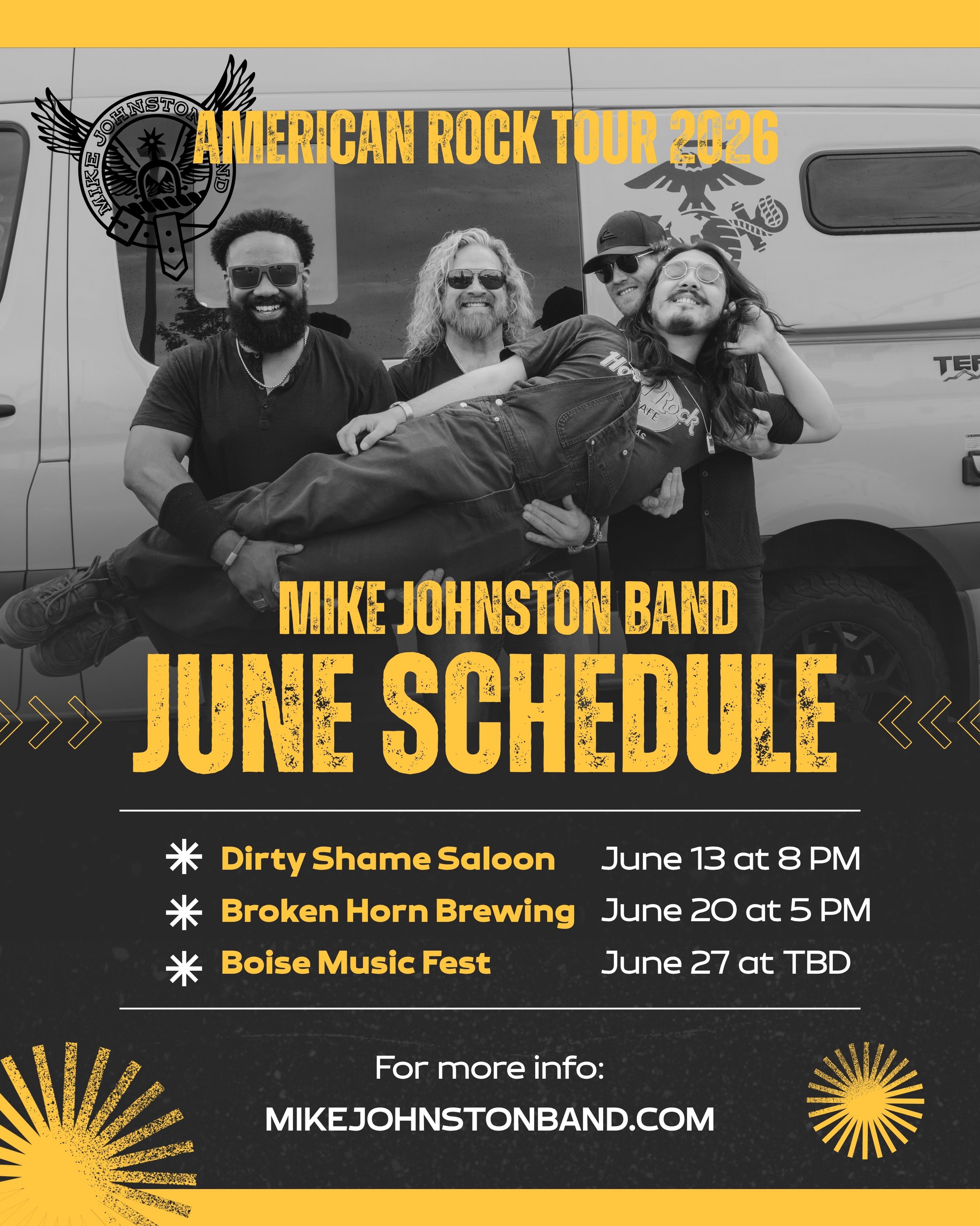 The American Rock Tour has rolled through May and into June! Come on out and bang your head, shake your hips and party with the MJB! We will rocking out @the_dirty_shame_saloon in Garden Valley on June 13th, then @brokenhornbrewing in McCall on June 20th, and of course we will be playing @boisemusicfestival on June 27th! Don’t let the summer start without jamming with @mikejohnstonband! Check back here for details for each event or visit www.mikejohnstonband.com @chiefblue_official @benji_nil @basajuan208 and @mikejohnston_music are all looking forward to playing for you! #mikejohnstonband #originalmusic #americanrock #boisemusicscene And thanks to our friends @aura_studios.idaho for amazing styling and @12thfretmusic for the best music gear period!