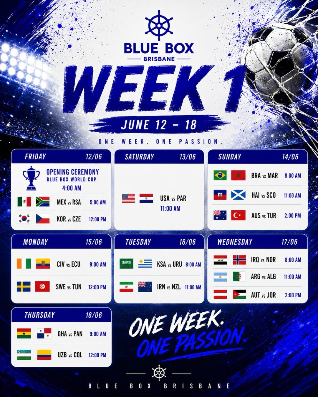 🌎⚽ THE WORLD CUP HAS REACHED BRISBANE.
For the next few weeks, there’s only one question:
👉 Where are you watching the game?
Not on your couch.
Not on your phone.
At Blue Box.
📺 Big Screens
🍔 Epic Food
🍺 Cold Drinks
🔥 Unmatched Atmosphere
Check the fixtures, lock in your table and get ready to live every goal, every chant and every moment with us.
⚠️ Bookings are highly recommended for the biggest matches.
ONE CUP. ONE PASSION.
#BlueBoxBrisbane #WorldCup2026 #FootballFans #BrisbaneCBD #FortitudeValleyEvents