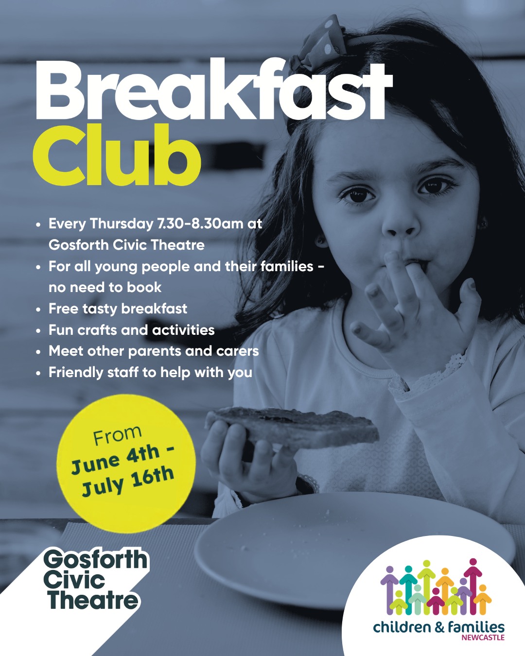 Just a reminder that Breakfast Club starts tomorrow!
Join us at Gosforth Civic Theatre between 7.30–8.30am for a morning of free breakfast, fun activities, and a friendly welcome.
It’s open to parents, carers, and their children every Thursday morning from tomorrow through to 16 July. No booking is needed - just come along!