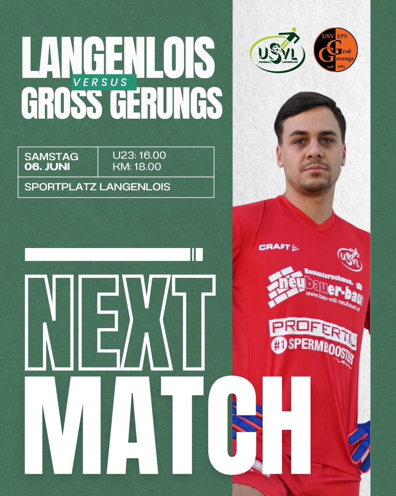 Nächstes Heimspiel! 💚🔥
Am Samstag steht bereits das vorletzte Saisonspiel auf dem Programm. Zu Gast in Langenlois ist der USV Groß Gerungs. ⚽️
Stand jetzt gehen wir als Tabellenführer in dieses wichtige Heimspiel. Die Saison befindet sich in der entscheidenden Phase und jeder Punkt kann am Ende den Unterschied machen. Gföhl bestreitet bereits am Donnerstag sein Meisterschaftsspiel, danach werden wir wissen, wie die Ausgangslage für das Wochenende aussieht.
Für uns ist die Aufgabe klar: Wir wollen unsere Leistung auf den Platz bringen, die nächsten drei Punkte holen und den nächsten Schritt in Richtung Saisonfinale machen. 💪🏼
Es wartet ein spannendes Finish in dieser Meisterschaft und dafür brauchen wir eure Unterstützung mehr denn je. Kommt vorbei und unterstützt unsere Jungs auf dem Sportplatz Langenlois! 👏🏼💚
🗓️ Samstag, 06.06.2026
🕓 U23: 16:00 Uhr
🕕 KM: 18:00 Uhr
📍 Sportplatz Langenlois
#forzausvl #saisonfinish #gemmadeloiser #heimspiel #langenlois