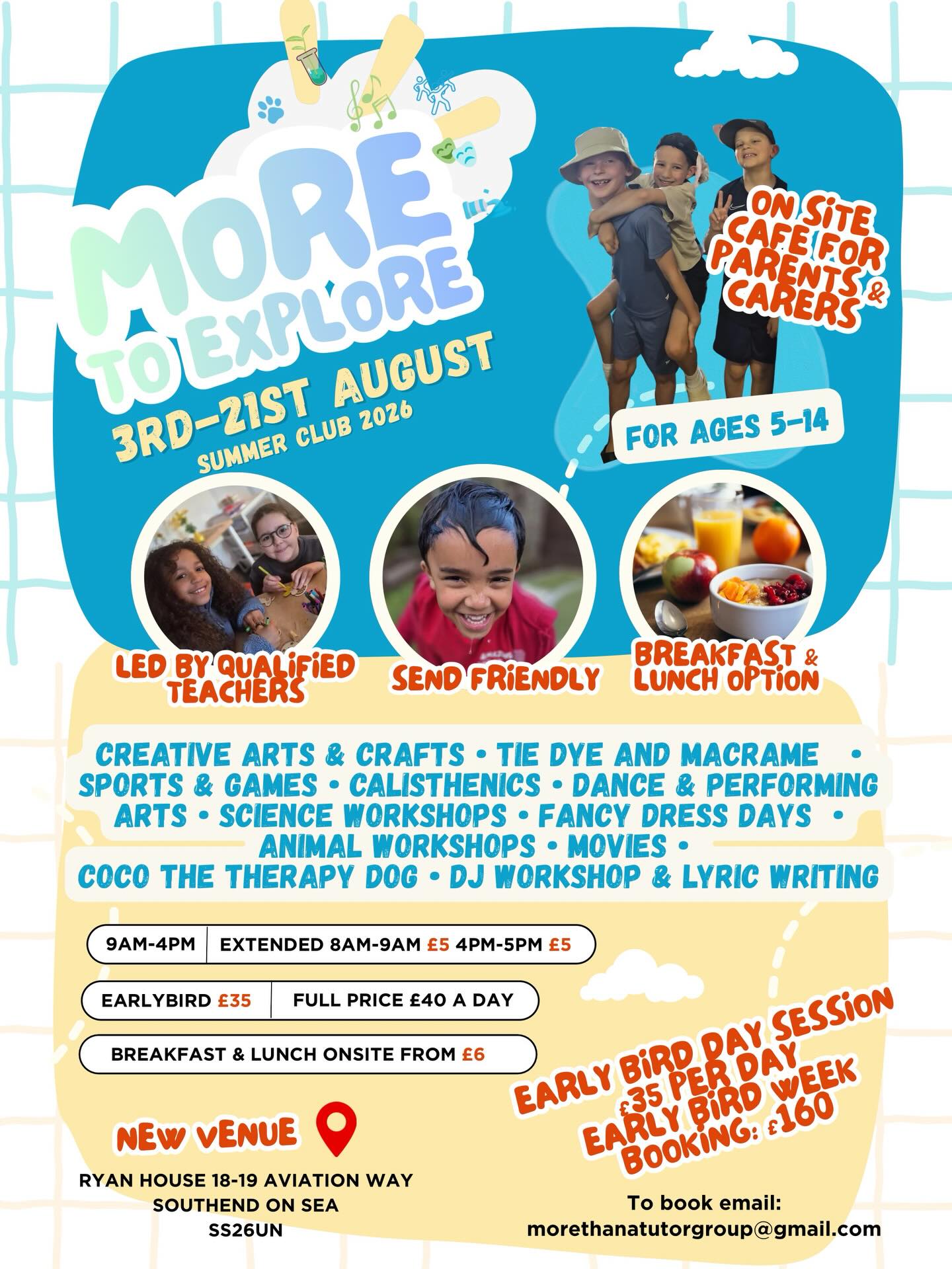 ☁️ I N T R O D U C I N G . . .
🩵💚✨MORE TO EXPLORE✨💚🩵
We’re going bigger and better!
🏢 Bigger venue
🎯 MORE activities
🕰️ Extended hours
🍽️ Fresh food available onsite from the kitchen
Because this summer, MORE means more adventure, more fun, more friendships and more memories.
Email morethanatutorgroup@gmail.com to get booked in! Early bird offers live NOW!
#summerholidayclub #rochfordessex #thingstodoinsouthend #holidayclub #moretoexplore