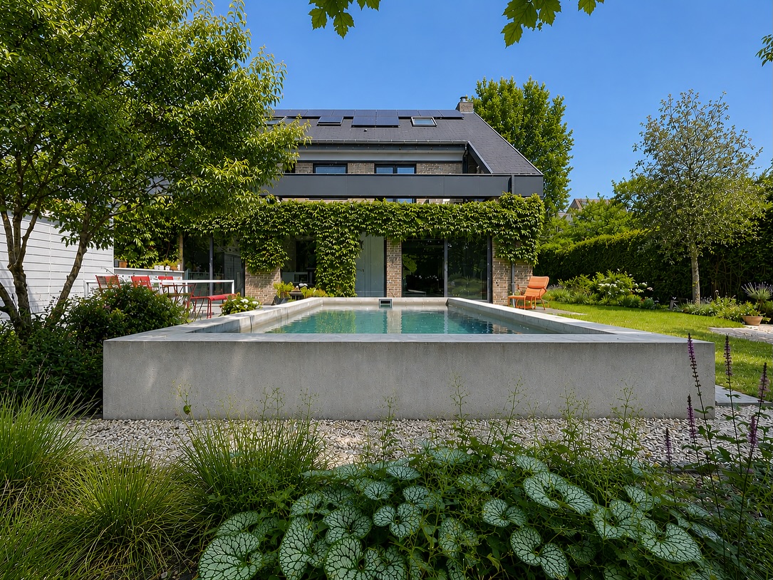 Een strak lijnenspel van zichtbeton, water en groen.
Voor deze stadstuin realiseerden we een gedeeltelijk bovengronds zwembad in zichtbeton, subtiel geïntegreerd tussen bloemen en beplanting.
De strakke architectuur van het beton gecombineerd met het zachte groen zorgt voor een tijdloze en rustige buitenbeleving.
#zwembad #pooldesign #zichtbeton #betonzwembad #stadstuin #gent #tuinarchitectuur #outdoorliving #luxurygarden #gardendesign #zwembadbouwer #minimaldesign #landscapearchitecture #luxurylifestyle #belgianhomes#zwembadbouwer #zwembadindetuin #luxe #tuindesign #tuinaanleg