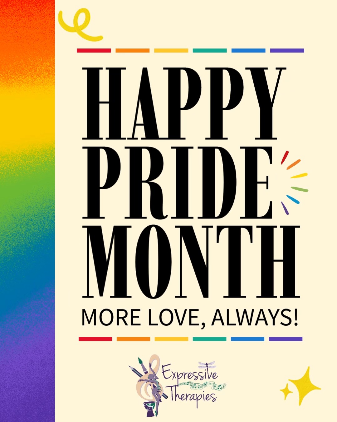 This LGBTQIA+ Pride Month, we encourage everyone to lead with love and celebrate the joy in their lives! 🌈
#expressivetherapiesllc #PrideMonth #HappyPrideMonth