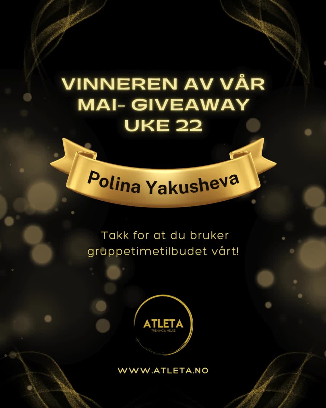 Gratulerer til vårt trofaste medlem Polina Yakusheva som ble vinneren av vår mai- giveaway for uke 22!⭐
▪️
▪️
▪️
--------------------
#atletatreningoghelse #surnadal #treningsglede #nordmøre #trøndelag #rindal #folkehelse #mentalhelse #aktivhverdag #treningforalle #hverdagssterk