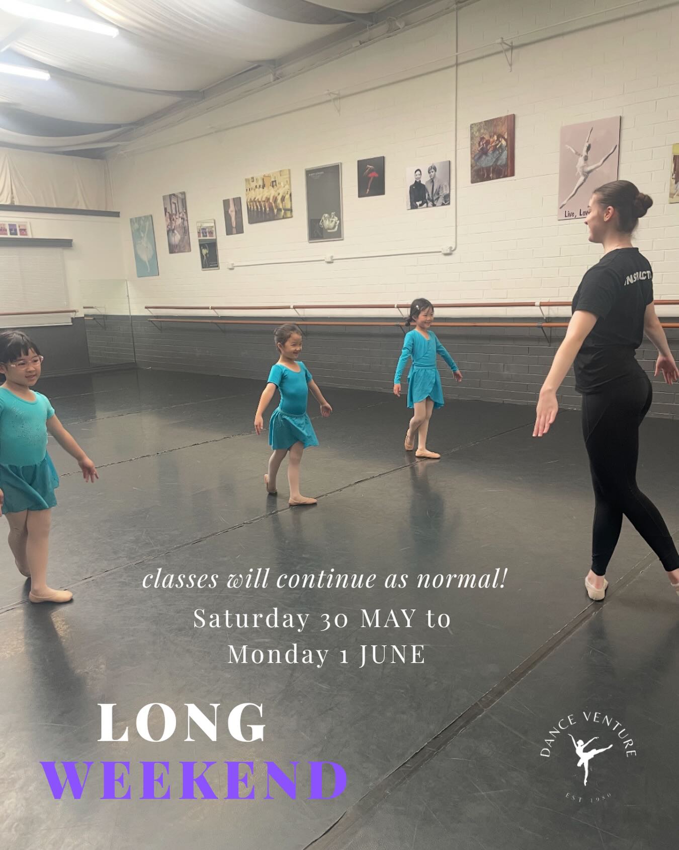 ❗️REMINDER❗️
Classes are still running this long weekend! From Saturday 30 May to Monday 1 June
#ballet #RAD #Danceventure #perth
