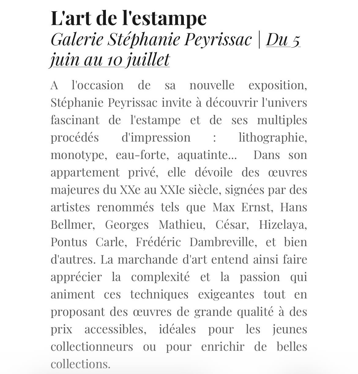 L’art de l’estampe : nouvelle exposition
🙏 à @mairiedu16
@le16cc
Max Ernst
Oiseau
1971
Eau-forte, aquatinte sur Vélin de Lana
Édition et impression Georges Visât
28 x 19,2 cm
Ed 48/100
Signée en bas à droite
🥂 Vernissage jeudi 4 juin
🖼 Exposition du 5 juin au 10 juillet
Collection Stéphanie Peyrissac
📍 9 avenue de Lamballe, 75016 Paris
#collectionstephaniepeyrissac #estampe #artwork #artlovers #gravures