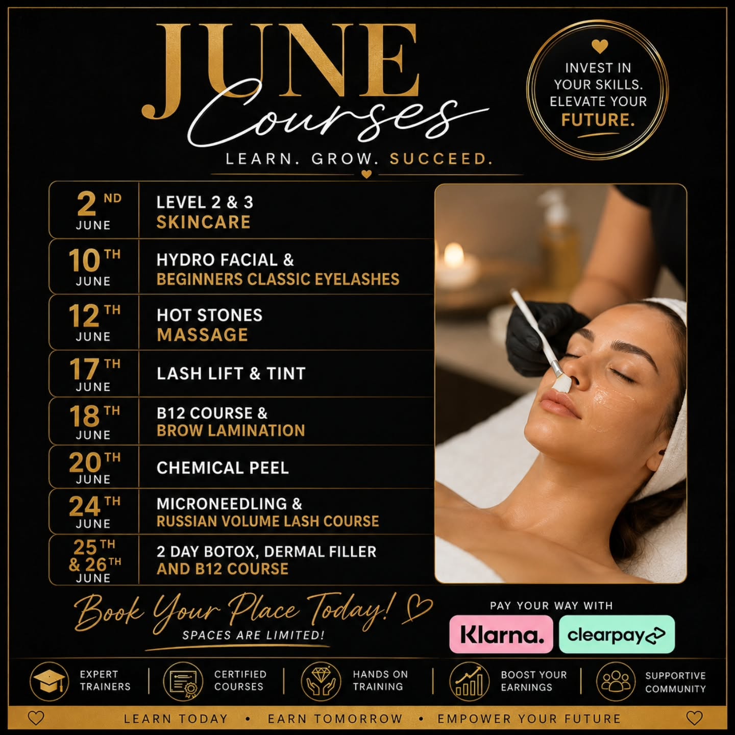 ✨ JUNE COURSES ARE HERE ✨
Ready to level up your skills and start earning in the beauty industry?
Our June training dates are live at essexbeautyandaesthetics.co.uk
These are the last dates available with spaces remaining.
JUNE DATES:
▫️ 2nd – Level 2 & 3 Skincare
▫️ 10th – Hydro Facial & Beginners Classic Eyelashes
▫️ 12th – Hot Stones Massage
▫️ 17th – Lash Lift & Tint
▫️ 18th – B12 Course & Brow Lamination
▫️ 20th – Chemical Peel
▫️ 24th – Microneedling & Russian Volume Lash Course
▫️ 25th & 26th – 2 Day Botox, Dermal Filler & B12 Course
✨ Small classes
✨ Hands-on practical training
✨ Fully accredited & insurable courses
✨ Beginner & advanced options available
✨ Ongoing support after training
💳 Klarna & Clearpay available
📍 Learn in a real working salon
📩 DM us for more information or secure your place online
#EssexBeautyAcademy #AestheticsTraining #BeautyCourses #EssexTrainingAcademy #BotoxCourse #DermalFillerTraining #MicroneedlingCourse #LashLiftTraining #HydroFacialTraining #RussianVolumeCourse #BrowLaminationCourse #basildonbeautytraining #basildonbeautytreatments