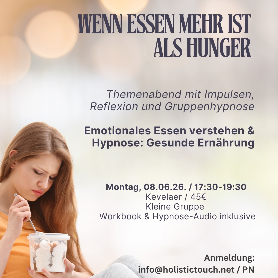 Vielleicht kennst du das auch.
Du nimmst dir vor, diesmal wirklich etwas zu verändern. Du informierst dich, probierst verschiedene Ernährungsformen aus, fängst neu an und weißt eigentlich genau, was deinem Körper guttun würde.
Und trotzdem landest du irgendwann wieder in denselben Gewohnheiten.
Nicht, weil dir Disziplin fehlt, sondern weil hinter unserem Essverhalten oft viel mehr steckt als nur Hunger.
Stress. Emotionen. Gewohnheiten. Alte Muster. Bedürfnisse, die wir im Alltag oft übergehen.
Genau damit beschäftigen wir uns im ersten Abend der Reihe „Wenn Essen mehr ist als Hunger“.
Gemeinsam schaffen wir mehr Verständnis für unser Essverhalten, reflektieren eigene Muster, setzen realistische Ziele und legen die Grundlage für eine Veränderung, die langfristig in den Alltag passen darf.
Mit Impulsen, Reflexion, Workbook und einer Gruppenhypnose zum Thema gesunde Ernährung und Motivation.
Denn nachhaltige Veränderung entsteht oft nicht durch mehr Druck, sondern durch mehr Verständnis für sich selbst. 🤍
Dieser Abend ist Teil einer dreiteiligen Reihe rund um emotionales Essen, Gewohnheiten und nachhaltige Veränderungen.
Die weiteren Termine bauen darauf auf und beschäftigen sich mit Emotionen, Bedürfnissen, neuen Gewohnheiten sowie den tieferen Mustern und Überzeugungen, die unser Essverhalten beeinflussen.
Jeder Abend kann einzeln besucht werden. Gleichzeitig ergänzen sich die Themen und ermöglichen eine intensivere Begleitung über mehrere Wochen hinweg.
Der nächste Themenabend findet am 26.06.26. statt.
Bei Fragen oder Interesse melde dich gerne bei mir.
Beata Niemiec
Hypnose & Stresscoaching
www.holistictouch.net.