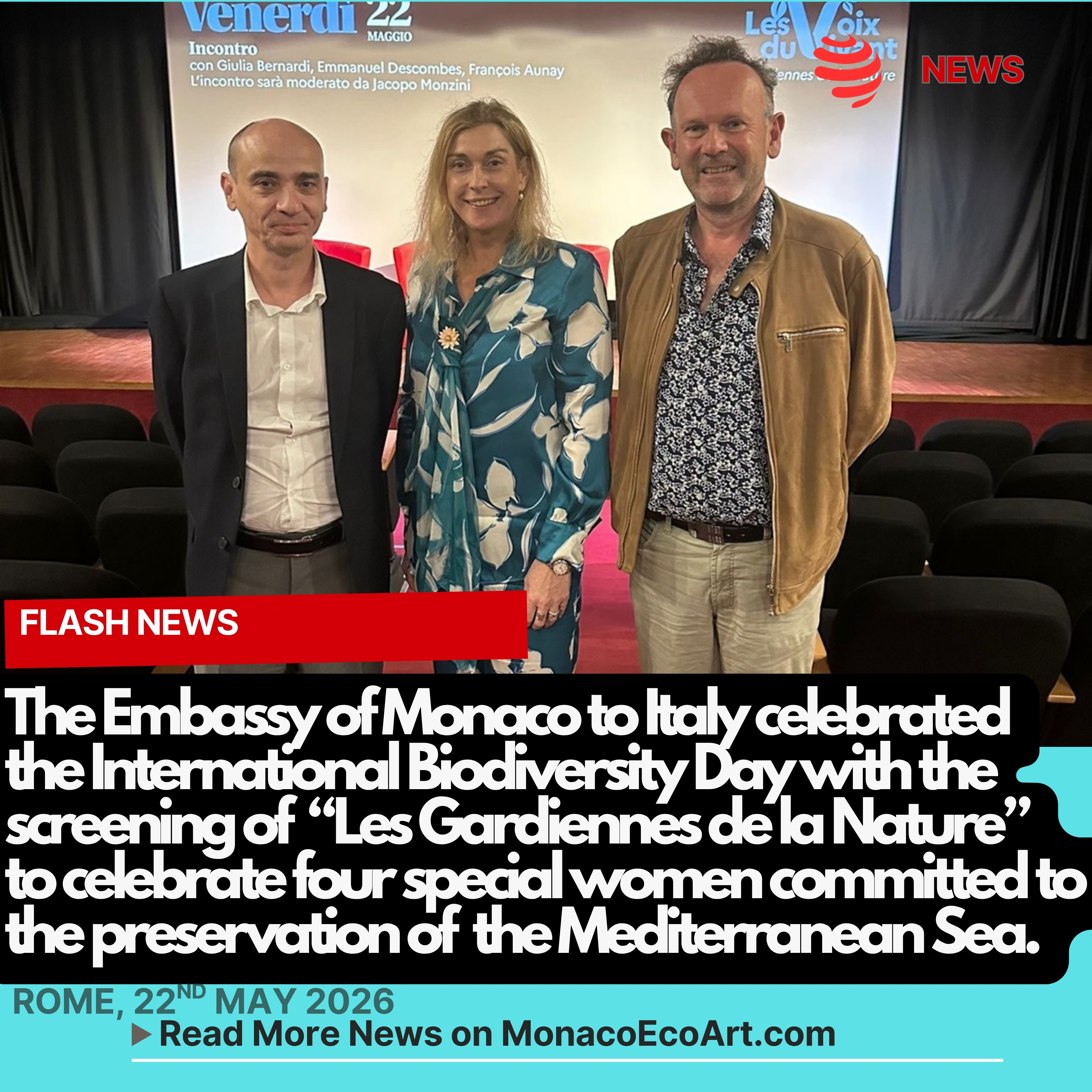 @mo.eco_art MonacoEcoArt.com #flash #latest #news #biodiversity #conservation #monaco #diplomacy 🇲🇨🐾🦋🇮🇹 On the 22nd May 2026, the Embassy of Monaco to Italy celebrated the International Biodiversity Day with the screening of the #documentary named "Les Gardiennes de la Nature" (Guardians of Nature), produced by the Theorem Society and broadcast by TV Monaco: the event, in partnership with the French Institute Centre Saint-Louis in Rome, aimed at introducing four exceptional #women committed to the #preservation of the #Mediterranean Sea, from Andalusia – Marina Palacios - to France - @nathalie_ille, Founder of Women for Sea association - passing by Greece - Danae Stratou, Greek artist 🌊🤲In the presence of the director, Emmanuel Descombes, and the Monegasque producer, François Aunay, H.E. Anne Eastwood recalled that the Mediterranean Sea is intimately tied to the #identity and #history of the Principality of Monaco 🔹 The Sovereign Prince embodies the enduring commitment of preserving the marine #biodiversity as reiterated by the Monaco Blue Initiative and the Blue Economy and Finance Forum which have just concluded 🗣️📊In her keynote speech, the Ambassador of Monaco to Italy highlighted also that protecting the Mediterranean Sea requires a shared #commitment from everyone, extending from governments down to the daily #choices of #individuals through collective actions for the benefit of this vital marine #ecosystem, serving both present and future #generations: on these same bases it was possible to achieve the adoption of the #agreement on the Preservation of Biodiversity in the High Seas (BBNJ) 🎞️ Through their actions, these four women embody the same breath, the same urgency, notably preserving the Mediterranean Sea and reinventing our way of inhabiting our #planetearth 🔬🧬 This screening was followed by a panel discussion moderated by Jacopo Monzini, Senior Natural Resources Management Officer at @fao, in the presence of the director and Giulia Bernardi, Senior Italy Projects Manager at Blue Marine Foundation based in the Island of Salina (Aeolian Islands, Sicily), starring in the movie 📸 © @gvt_monaco - Layout and Contents by: MonacoEcoArt