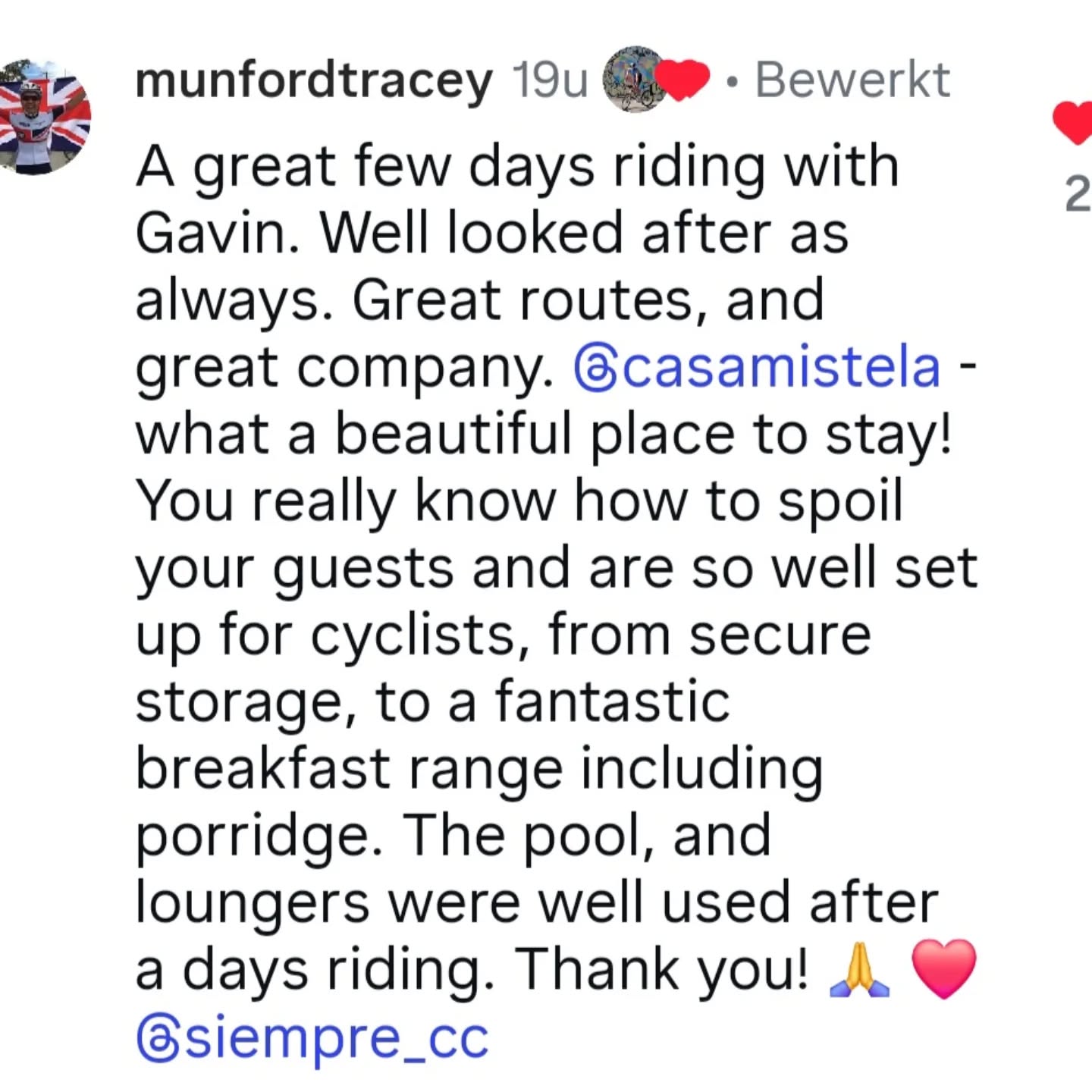 Again a wonderful review from one of our guests. See you in autumn? 🚴♀️