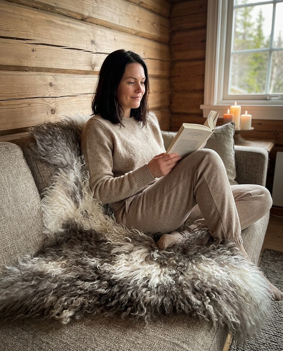 Hytta fikk akkurat det den manglet.
Saueskinn av spælsau i sofaen. Myk, slitesterk og med det naturlige uttrykket som bare ekte skinn gir. Ingen hytte er ferdig uten.
Det handler ikke om pynt. Det handler om den følelsen når du synker ned med en bok og kjenner varmen fra skinnet mot huden.
Spælsauskinnet finner du i nettbutikken vår 🦌