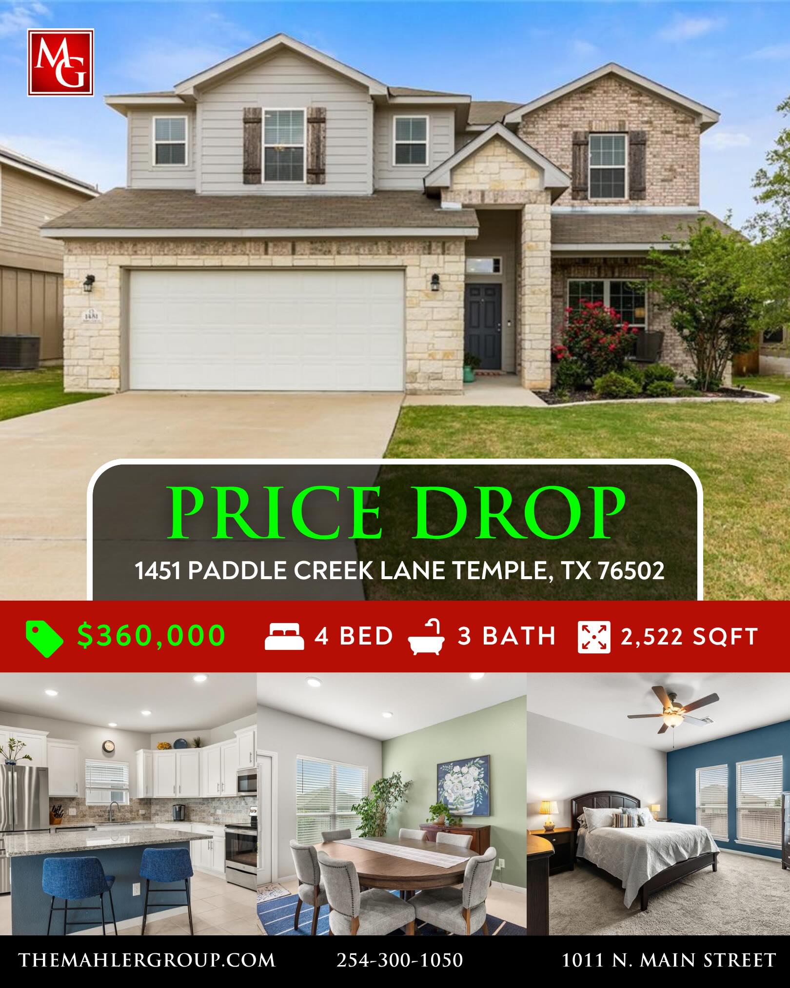 PRICE IMPROVEMENT!
1451 Paddle Creek Lane Temple, TX 76502
4 Bed/3 Bath 2,522 Sqft
$360,000
BEAUTIFUL TWO-STORY HOME IN THE DESIRABLE WESTFIELD SUBDIVISION IN THE BELTON ISD! This light-filled 4-bedroom, 3-bath home offers elevated ceilings, an open-concept design, and a warm, welcoming layout perfect for everyday living and entertaining. The dining area, kitchen, and family room flow seamlessly together, while expansive windows throughout fill the home with natural light. In the living room, a wall of east-facing windows overlooks the deep covered patio and fully irrigated backyard—an ideal setting for morning coffee, summer BBQs, or play. The kitchen is a standout with granite countertops, stainless steel appliances, a large center island with bar seating, a huge walk-in pantry, and plentiful cabinet space. The main floor includes two bedrooms, including the private primary suite with backyard views, double vanities, a step-in shower, oversized walk-in closet, and convenient access to the generous laundry room. A second downstairs bedroom with a large west-facing window, double-door closet, and nearby full bath offers flexibility for guests, a home office, playroom, or hobby space. Upstairs, you’ll find a spacious second living area, oversized game closet, two generous bedrooms, a full bath, and a walk-in attic for excellent storage. Pet-free and smoke-free, this home is within walking distance to Belton ISD schools and Crossroads Park, and just minutes from Lake Belton, Baylor Scott & White Hospital, shopping, and I-35! A centrally located gem that offers easy access to the area's newest growth and everyday conveniences!