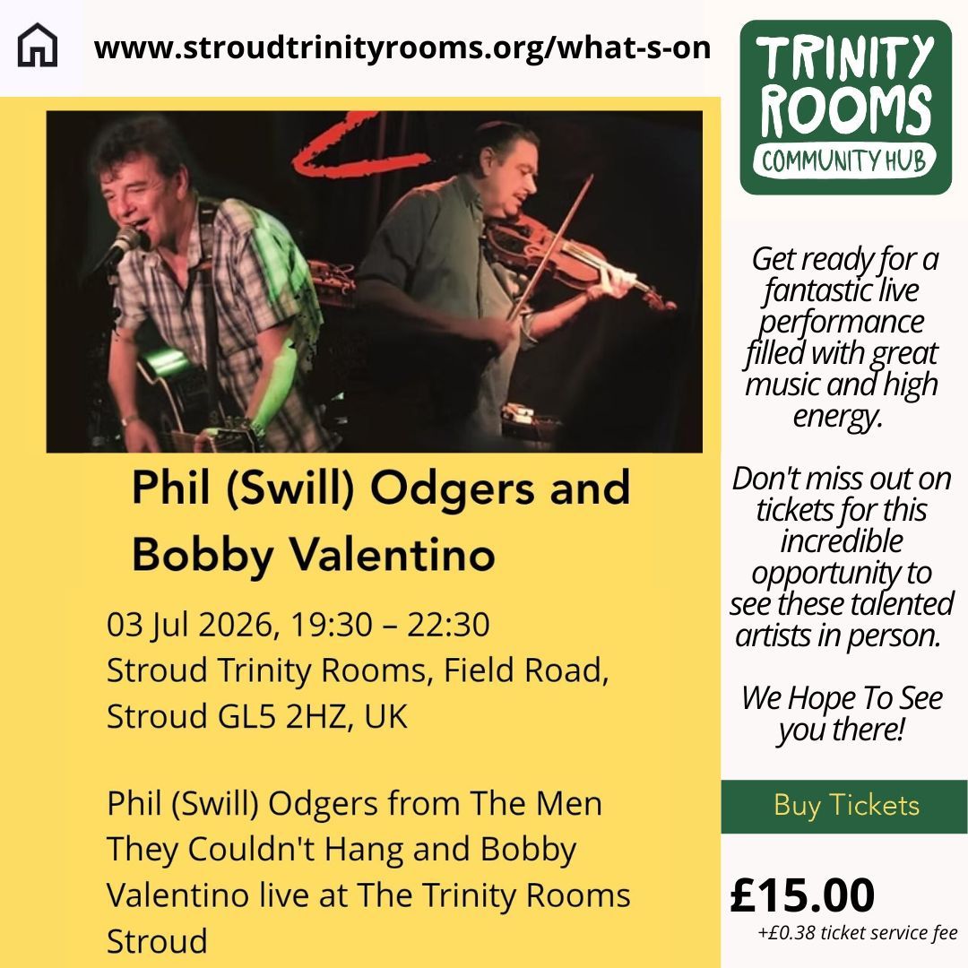 On July 3rd Swill Odgers and Bobby Valentino from ‘The Men They Couldn’t Hang’ will be playing at our Trinity Rooms Community Hub.
This great night out in Stroud is a fundraiser for our Friday Youth Club providing a vital Safe space for young people.
Bound to be a sell out, get your tickets today to avoid disappointment and help raise money that supports local at the same time.
www.stroudtrinityrooms.org/event-details-registration/phil-swill-odgers-and-bobby-valentino
#Stroud #Events #Fundraising #Music #Cheltenham #Bristol #Gloucester #Community #Gig #Support #Nailsworth #Dursley #Local #LiveMuisc #Gloucestershire