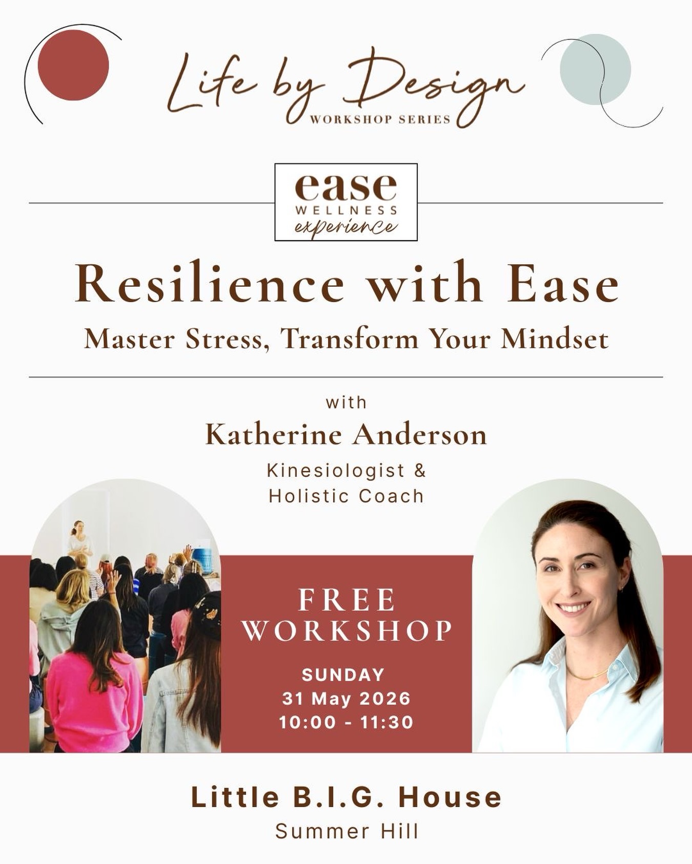 Last chance to join us tomorrow for Resilience with Ease 🌿
If life has felt a little overwhelming lately, this free community workshop is designed to help you better understand stress, build resilience, and develop practical mindset tools you can use in everyday life.
Together we’ll explore:
✨ Why stress affects us the way it does
✨ Simple strategies to calm your nervous system
✨ How to shift unhelpful thought patterns
✨ Practical tools to build resilience and confidence
✨ Ways to navigate life’s challenges with greater ease
Whether you’re feeling stretched, stuck, or simply looking to invest in your wellbeing, I’d love to welcome you.
📍 Little B.I.G. House, Summer Hill
📅 Sunday 31 May 2026
⏰ 10:00am – 11:30am
🎟️ FREE Community Workshop
Bring a friend, a notebook, and an open mind.
There are still a few places available for last-minute bookings.
Link in bio and in comments below 👇
#LifeByDesign #ResilienceWithEase #EaseWellness #SummerHill #InnerWestSydney