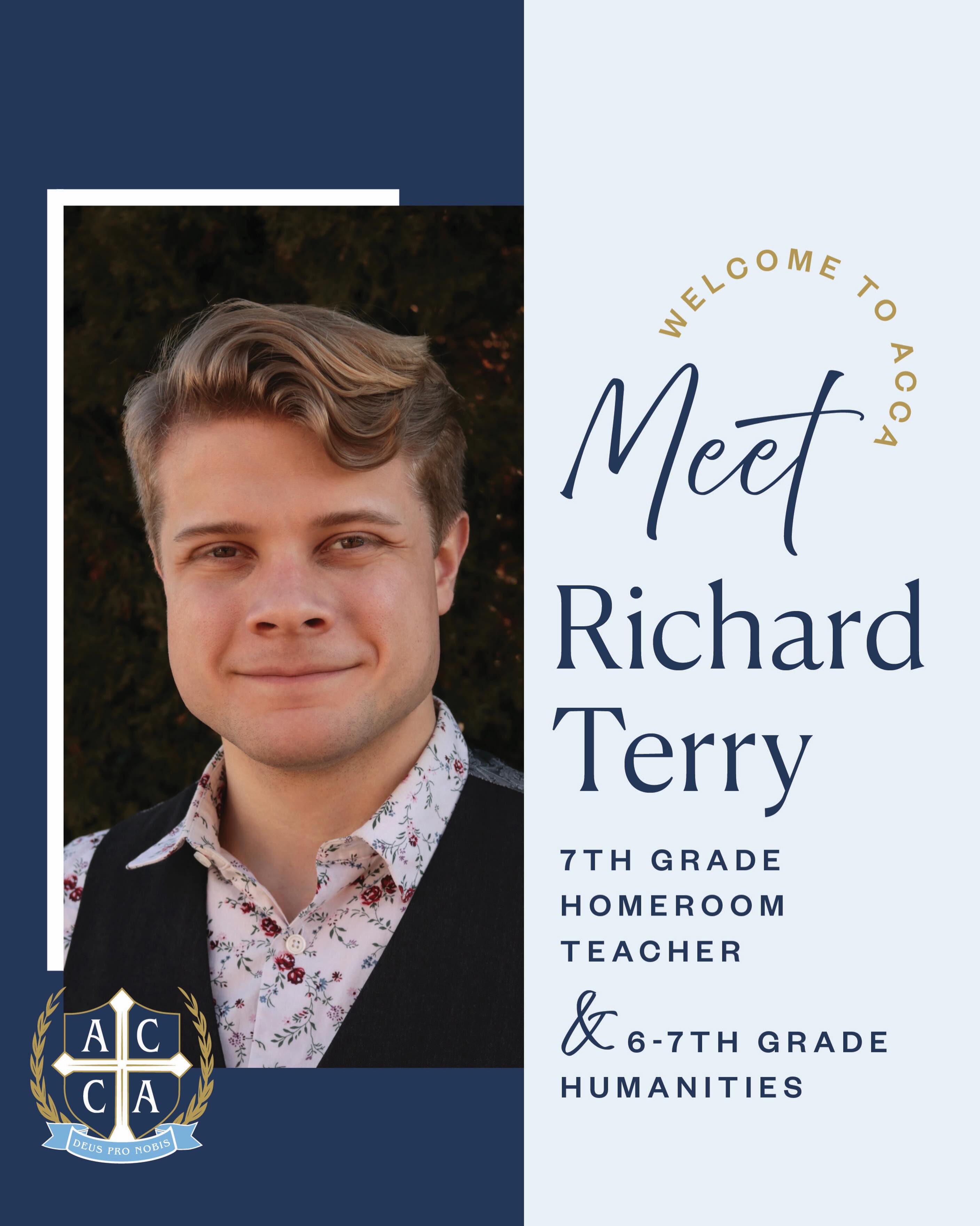 Welcome Mr. Terry, 7th Grade Homeroom Teacher and 6-7th Grade Humanities!
As ACCA grows, our Middle School programming is developing as well. Starting in 6th grade, teachers will teach within their fields of expertise, so that students will experience multiple primary classrooms. This year, Mrs. Bolanos will serve as the 6th grade homeroom teacher and the mathematics and sciences teacher for 6th and 7th grade. Mr. Terry will serve as the 7th grade homeroom teacher and the humanities teacher for 6th and 7th grade.
Mr. Richard Terry has previously served at St. Joseph the Just School for Boys in Front Royal, where he taught English, Scripture, Rhetoric, Science and Theatre at various points for grades 7-12. He was promoted to chair of the English department and worked on the school’s behalf in curriculum creation. Mr. Terry is celebrated at St. Joseph’s as a teacher who will play with his students at recess, attend their games and generally serve as a true friend to parents and colleagues alike. He thoughtfully builds relationships with students while pursuing his long term interest in writing. One of his favorite thoughts is “I write for Him who created all things with a Word.” This has remained his goal as a teacher from day one to this point: to show young people how to recognize the Word in words, and helping them to become the best men and women they can be. He is very excited to join the staff at ACCA and help build a sociable, lively, and robust school culture.
#classicalchristianeducation #classicalchristianschool #heartsoulmind #truthgoodnessbeauty #alexandriava