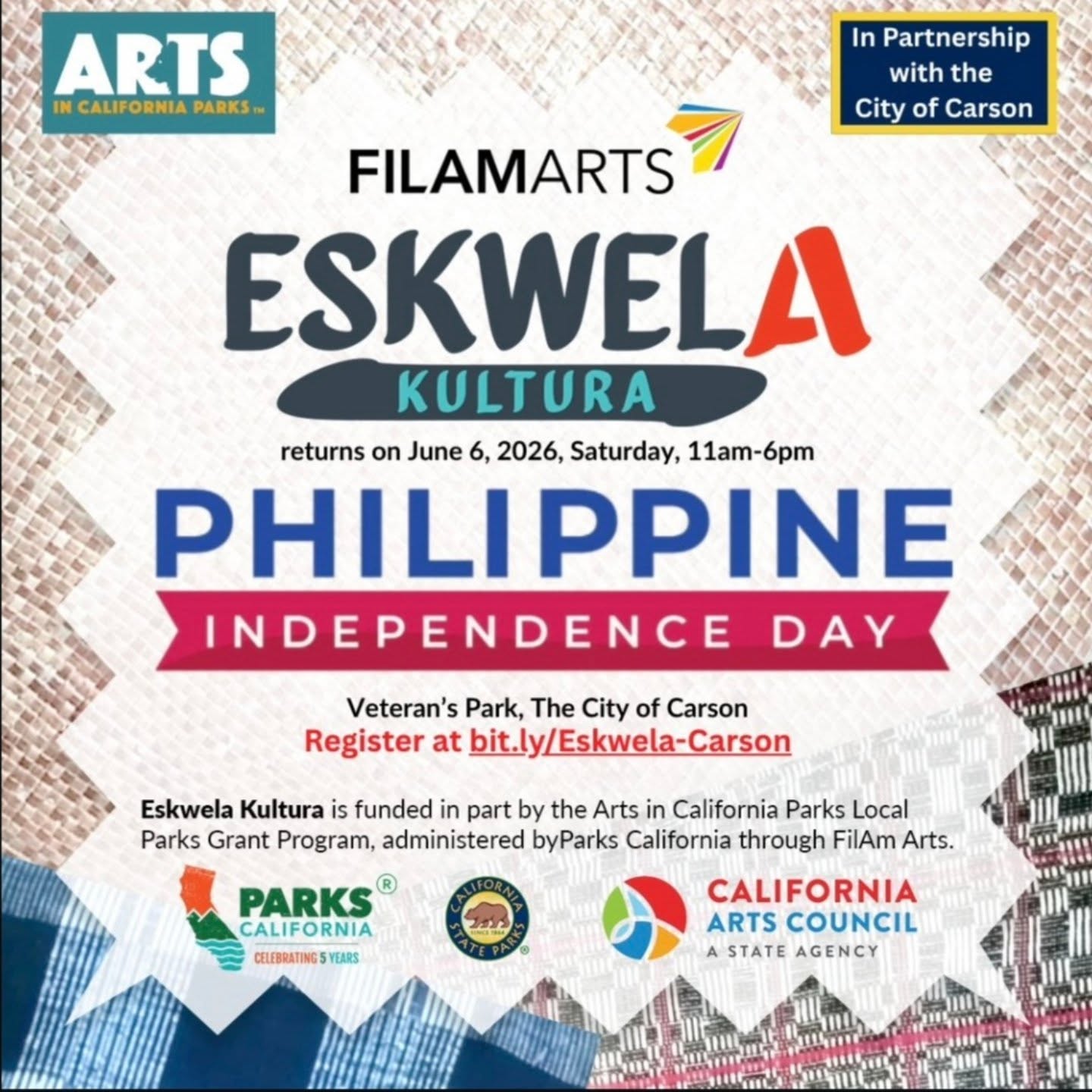 This Saturday!! @filamartsla is bringing back Eskwela Kultura programming, but this time at the City of Carson's Philippine Independence Day celebration happening Saturday, June 6th from 11AM-6PM! 🇵🇭
Miss Melissa of @knlfolkarts will be teaching Sua-Ku-Sua, a dance originating from the Tausug people of Jolo, Sulu. It honors the pomelo tree, comparing its slender branches, leaves, and fruits to the beauty and virtues of a beloved. Dancers use two fans to mimic swaying leaves. Come pick pomelos with us through dance at 400pm!
See the schedule for info on each workshop. 🙌🏾🙌🏿🙌🏽
👉 You can register for free to Eskewela Kultura workshops here: bit.ly/Eskwela-Carson