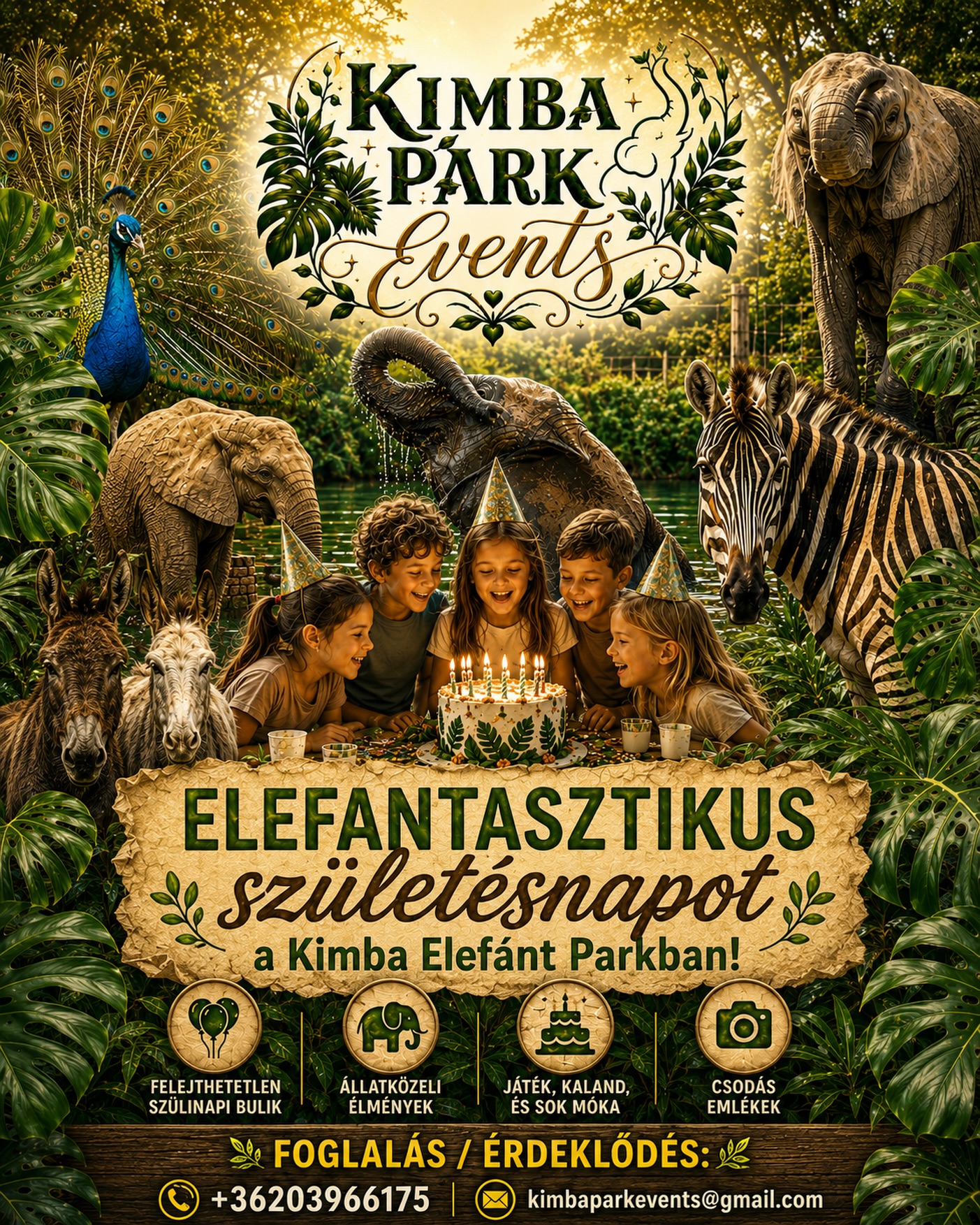 🐘🎉 Elefantasztikus születésnap a Kimba Elefánt Parkban! 🎉🐘
Szeretnéd, hogy gyermeked születésnapja igazán különleges és felejthetetlen legyen? 🌿✨
Nálunk a szülinapos és vendégei testközelből találkozhatnak csodálatos állatokkal, izgalmas kalandokban vehetnek részt, és egy olyan élménnyel gazdagodhatnak, amire még évek múlva is mosolyogva emlékeznek vissza! 🦓🐘🦚
🎂 Állatközeli élmények
🎈 Játék és szórakozás
📸 Emlékezetes pillanatok
🌴 Különleges környezet
Tedd felejthetetlenné gyermeked nagy napját a Kimba Elefánt Parkban! 💚
📞 Érdeklődés és foglalás:
+36 20 396 6175
📧 kimbaparkevents@gmail.com