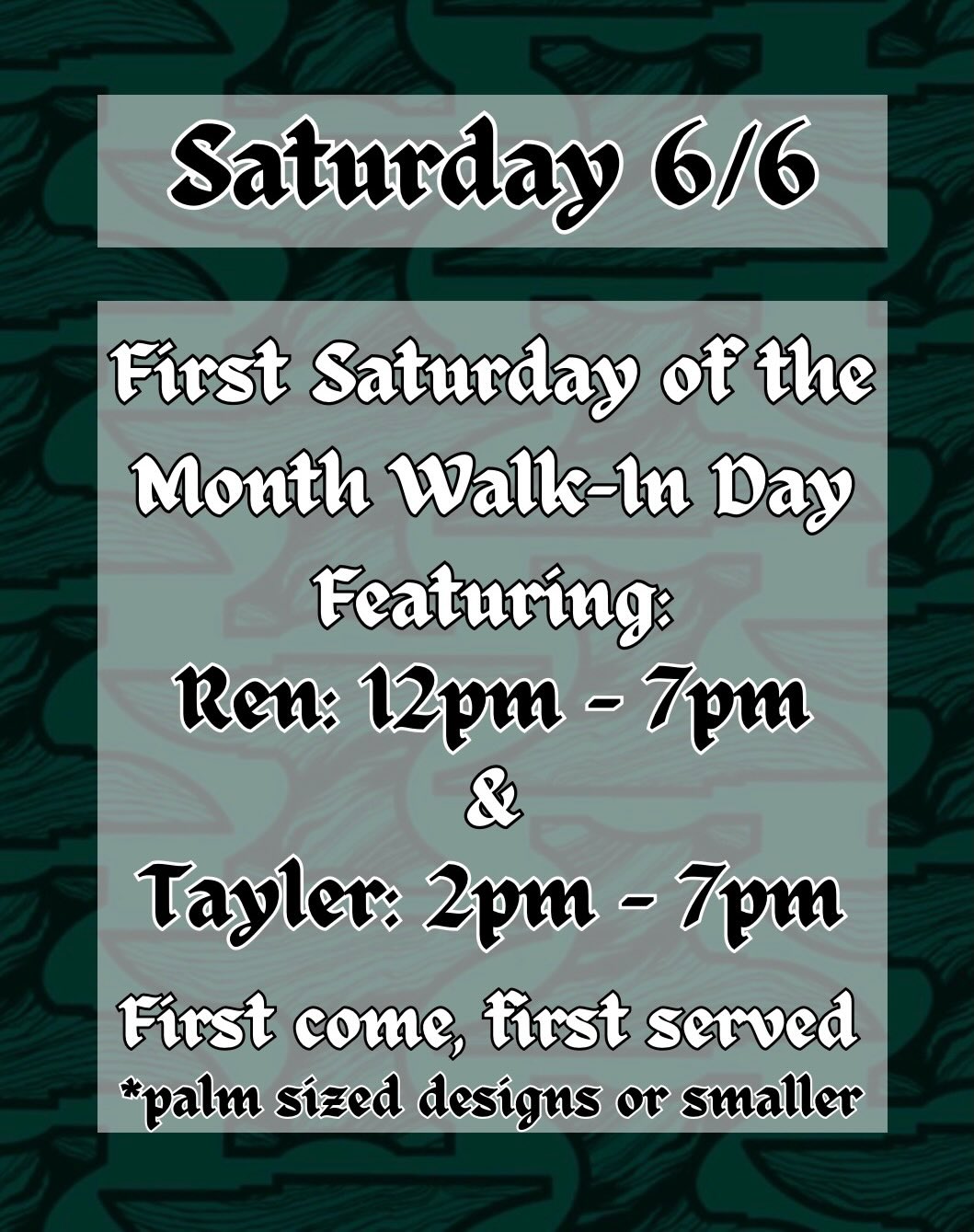 ‼️THIS WEEK AT IRONWOOD 6/2-6/6‼️
❗️Our First Saturday of the Month Walk-In Day is this Saturday 6/6 featuring @renisanartist and @taybeetattoo ! Bring your own palm-sized or smaller design, or check out our Get What You Get Machine for $120 👀 All on a first-come, first-served basis from 12pm-7pm!
💎 @cassidy_pokes is going to be OUT OF SHOP this Friday & Saturday. She will be here taking piercings/jewelry services Tuesday 6/2-Thursday 6/4 from 12pm-7pm!
We have tattoo time with:
@seth_agar_tattoo
@cthomsentattoos
@bodyartbyali
❗️Give us a call to move up an existing appointment or stop by the shop for a walk-in consultation to get on the books!
❗️All appointments require a consultation and non-refundable deposit to secure a spot. Walk-ins are welcome if the time has not been claimed!
*Anyone receiving services will need a valid, state-issued, non-expired ID for paperwork purposes. Check out our posts or give us a call for documentation requirements for minors!
#ironwoodink #omahatattooshop #omahatattooartist #omahapiercing #omahanebraska