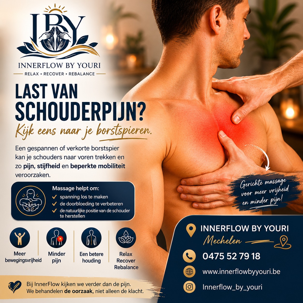 💥 Schouderpijn die maar blijft terugkomen? Kijk eens naar je borstspieren.
Een gespannen of verkorte borstspier kan je schouders naar voren trekken en zo zorgen voor:
🔹 Pijn aan de voorkant van de schouder
🔹 Verminderde mobiliteit
🔹 Stijfheid in nek en schouders
🔹 Een slechte houding
🔹 Terugkerende klachten tijdens sport of werk
Massage van de borstspieren helpt om opgebouwde spanning los te maken, de doorbloeding te verbeteren en de natuurlijke positie van de schouder te herstellen.
Bij InnerFlow by Youri kijken we niet alleen naar de plaats waar je pijn voelt, maar ook naar de onderliggende oorzaak. Door gerichte massagetechnieken kunnen we spanning verminderen en je lichaam opnieuw in balans brengen.
✨ Meer bewegingsvrijheid.
✨ Minder pijn.
✨ Een betere houding.
Gun jezelf een lichaam dat vrij kan bewegen.
📍 InnerFlow by Youri – Mechelen
📞 +32 475 52 79 18
#InnerFlowByYouri #MassageTherapie #Schouderpijn #Borstspier #Spierherstel #TriggerpointTherapie #Mobiliteit #Houding #Wellness #Mechelen #Massagetherapie #GezondBewegen