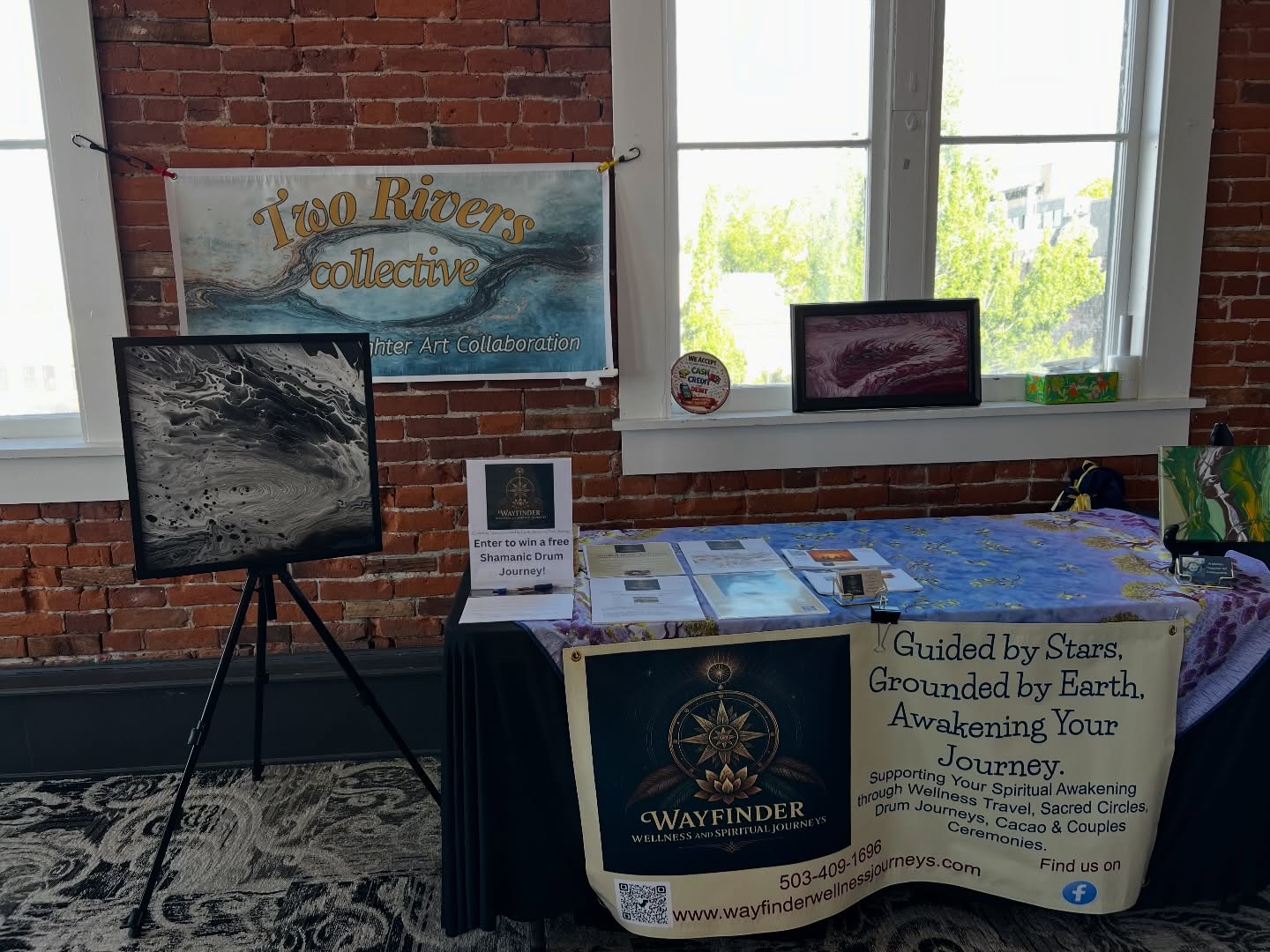 All set up and ready to go! Come see us at the Salem Mystic Fair this weekend. Two Rivers Collective - A Mother - Daughter Art Collaborative Wayfinder Wellness and Spiritual Journeys Barb Genske Darby Carkeek-Davis