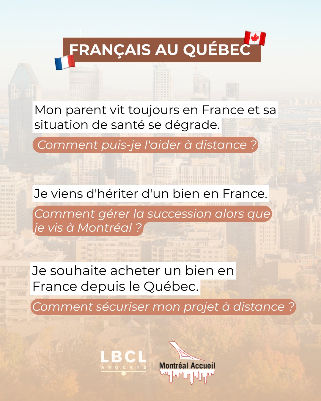 Quand on vit au Québec, certaines questions restent en France...
Succession, gestion d'un bien immobilier, protection d'un proche resté en France, régime matrimonial... Certaines situations nécessitent d'être accompagnées, même à plusieurs milliers de kilomètres.
Vous vous reconnaissez dans l'une des situations présentées ?
Notre cabinet vous accompagne notamment dans le cadre :
• du règlement des successions et des situations d'indivision en France
• de la protection d'un proche (tutelle, curatelle, mandat de protection future)
• des questions liées à la mobilité internationale et aux régimes matrimoniaux
• de vos projets d'investissement immobilier en France
Notre objectif est de vous offrir un interlocuteur unique en France pour une gestion fluide, réactive et juridiquement sécurisée de vos démarches.
Un grand merci à @MontrealAccueil pour cette collaboration qui nous permet de faciliter la mise en relation avec les Français installés au Québec.
📩 Une question concernant votre situation ? N'hésitez pas à nous contacter.