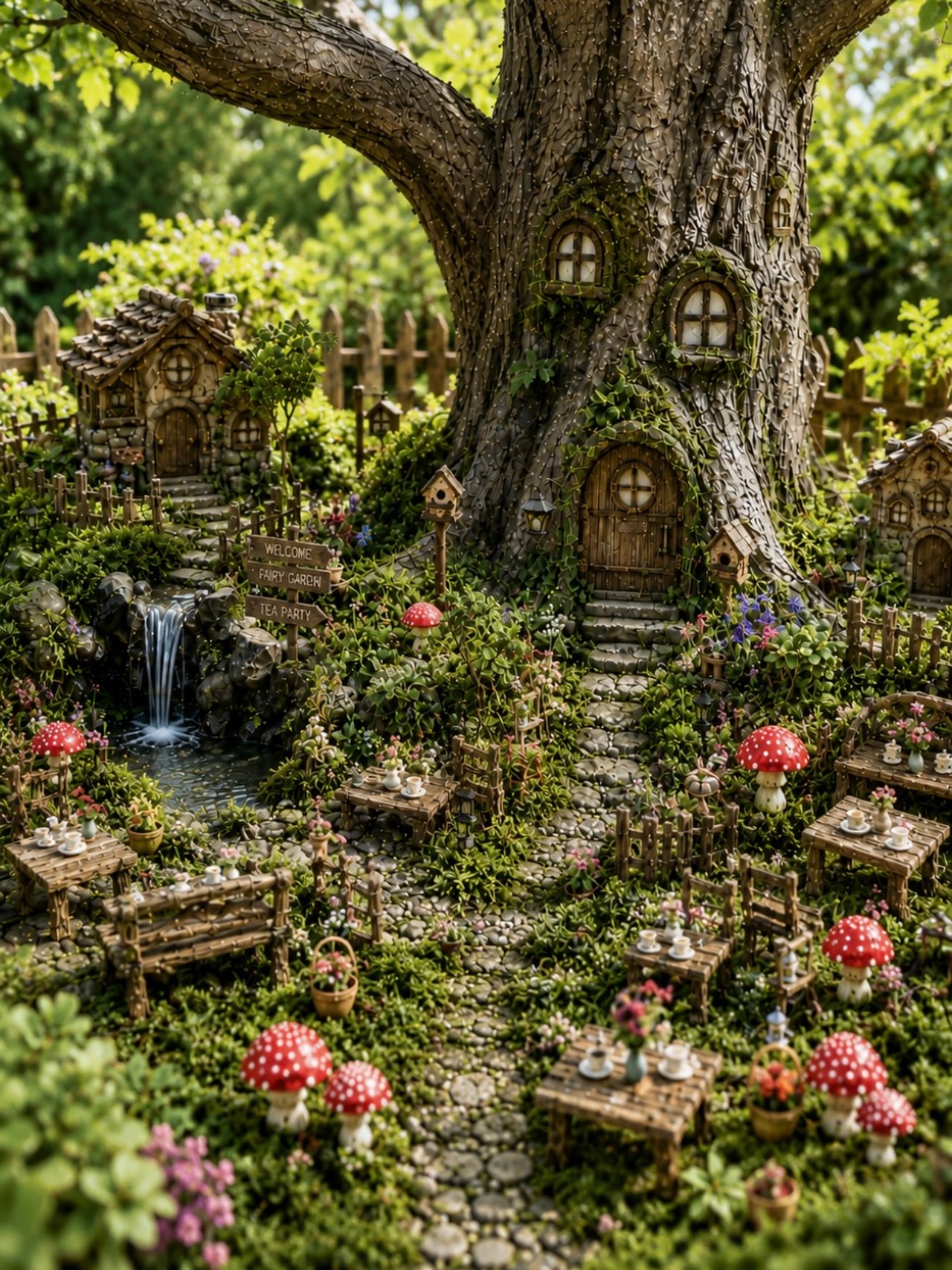 Rootwhistle Hollow is open for tiny business. Fairy doors in the tree, glow mushrooms on the path, rustic furniture set for tea, and one mayor still searching for her missing blue bead. Follow the link in bio to build your own outdoor fairy garden village. #smallworldminiatures #fairygarden #miniaturegarden #diygarden #tinyworld