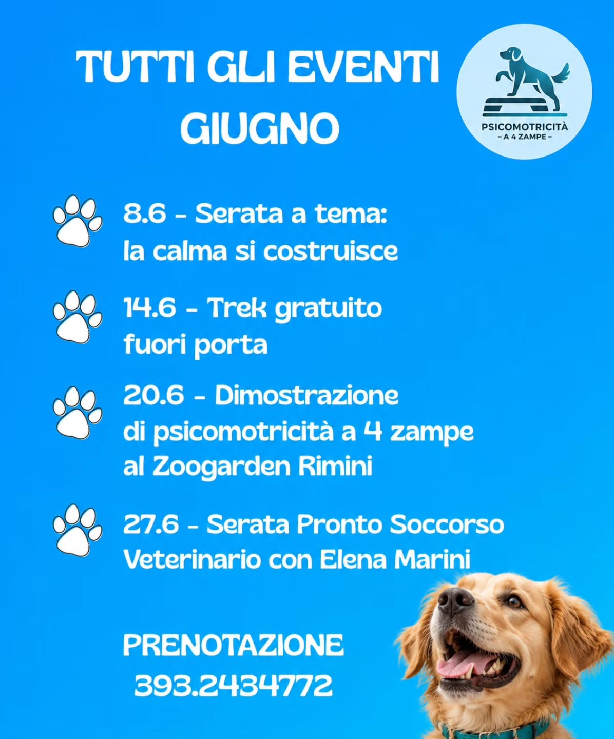📅 Hai già segnato le date?
Ecco tutti gli appuntamenti di giugno firmati Psicomotricità a 4 Zampe. Un mese ricco di occasioni per divertirti con il tuo cane e approfondire temi importanti per il suo benessere.
🐾 8 giugno | ore 20:00
LA CALMA SI COSTRUISCE
Una serata dedicata a capire come aiutare il cane a sviluppare maggiore equilibrio emotivo e capacità di autoregolazione.
🚫 Evento senza cani
💰 20€ esterni | 10€ clienti della palestra
🐾 14 giugno | ore 8:00
TREK GRATUITO FUORI PORTA
Una passeggiata in natura per condividere esperienze, osservare i cani e vivere insieme una mattinata diversa.
💰 Gratuito
🐾 20 giugno | ore 10:00 - 12:00
DIMOSTRAZIONE DI PSICOMOTRICITÀ A 4 ZAMPE
Presso ZooGarden Rimini. Io e i miei amici a 4 zampe della palestra faremo una dimostrazione aperta a tutti i clienti della palestra e a chi desidera conoscere da vicino la psicomotricità.
💰 Gratuito
🐾 27 giugno | ore 17:30
SERATA DI PRONTO SOCCORSO VETERINARIO
Con la veterinaria Elena Marini. Impareremo come affrontare le emergenze più comuni, cosa fare e cosa evitare in attesa dell'intervento del veterinario.
🚫 Evento senza cani
💰 30€ esterni | 20€ clienti della palestra e del centro veterinario romagnolo
📲 Per informazioni e prenotazioni:
393 2434772
👉 Salva il post per non perdere nessun appuntamento.
#psicomotricitàa4zampe #zoogardenRimini #attivitàpercani #benesseredelcane #canirimini