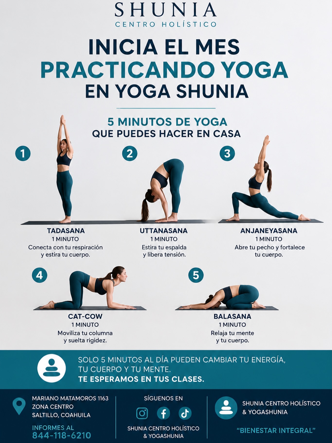 INICIA EL MES PRACTICANDO YOGA
A veces pensamos que necesitamos una hora completa para cuidar de nosotros, cuando en realidad unos minutos pueden hacer una gran diferencia.
Hoy te compartimos una sencilla rutina de yoga que puedes realizar en casa en tan solo 5 minutos para comenzar a mover tu cuerpo, mejorar tu respiración y regalarte un momento de bienestar.
Y si deseas experimentar todos los beneficios del yoga de forma guiada, te invitamos a nuestras clases en Shunia Centro Holístico & YogaShunia.
✨ No necesitas experiencia.
✨ No necesitas ser flexible.
✨ Solo necesitas comenzar.
Horarios de lunes a jueves:
🕗 8:00 a.m.
🕕 6:00 p.m.
🕖 7:00 p.m.
📍 Mariano Matamoros 1163, Zona Centro, Saltillo, Coahuila.
📲 Informes: 844-118-6210
Shunia Centro Holístico & YogaShunia
Bienestar Integral
#5minutos #yoga #saltillo