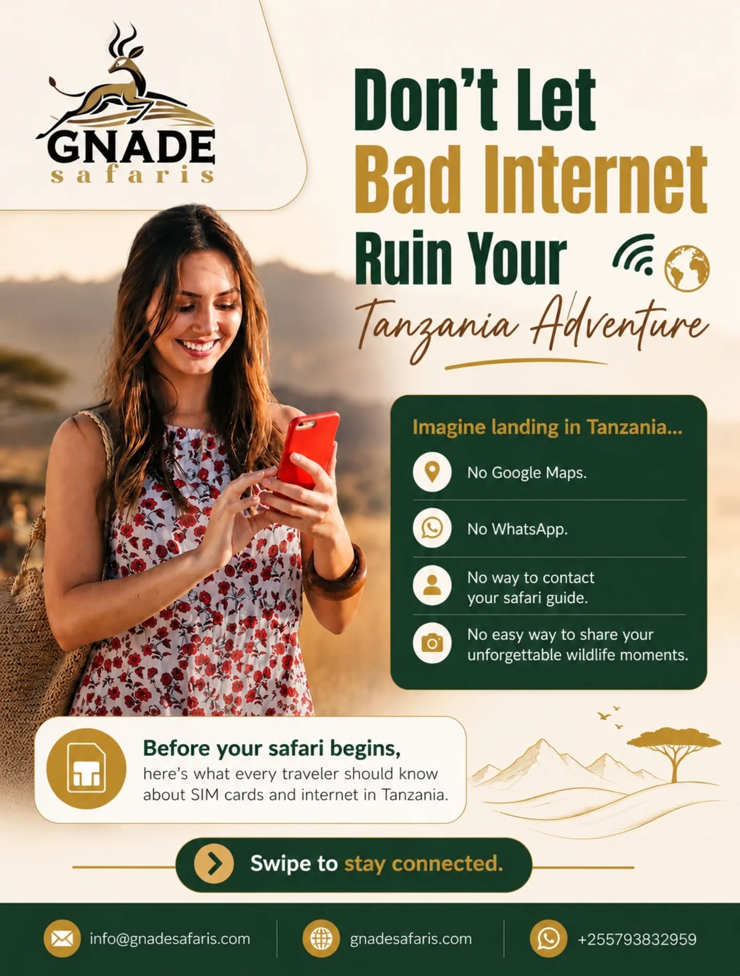 Tanzania SIM Card & Internet Guide: Stay Connected on Safari 🌍📱
A great safari is even better when you can stay connected — whether you are sharing a sunrise in the Serengeti, messaging your guide on WhatsApp, or checking maps as you move between Arusha, Zanzibar, and the national parks.
Having the right Tanzania SIM card or eSIM makes travel easier, cheaper, and far more convenient.
✅ Affordable mobile data for travellers
✅ Easy communication with your safari guide and lodge
✅ Best networks for safari and Zanzibar
✅ Helpful tips for SIM registration and internet access
✅ Smart ways to stay connected while exploring Tanzania
At Gnade Safaris, we help travelers enjoy a smooth safari experience from the moment they land to the last game drive.
📍 Read the full guide:
https://www.gnadesafaris.com/post/tanzania-sim-card-internet-guide-staying-connected-on-safari
📧 info@gnadesafaris.com
📱 WhatsApp: +255793832959
#TanzaniaSafari #GnadeSafaris #TravelTanzania #SafariTips #TanzaniaSIMCard