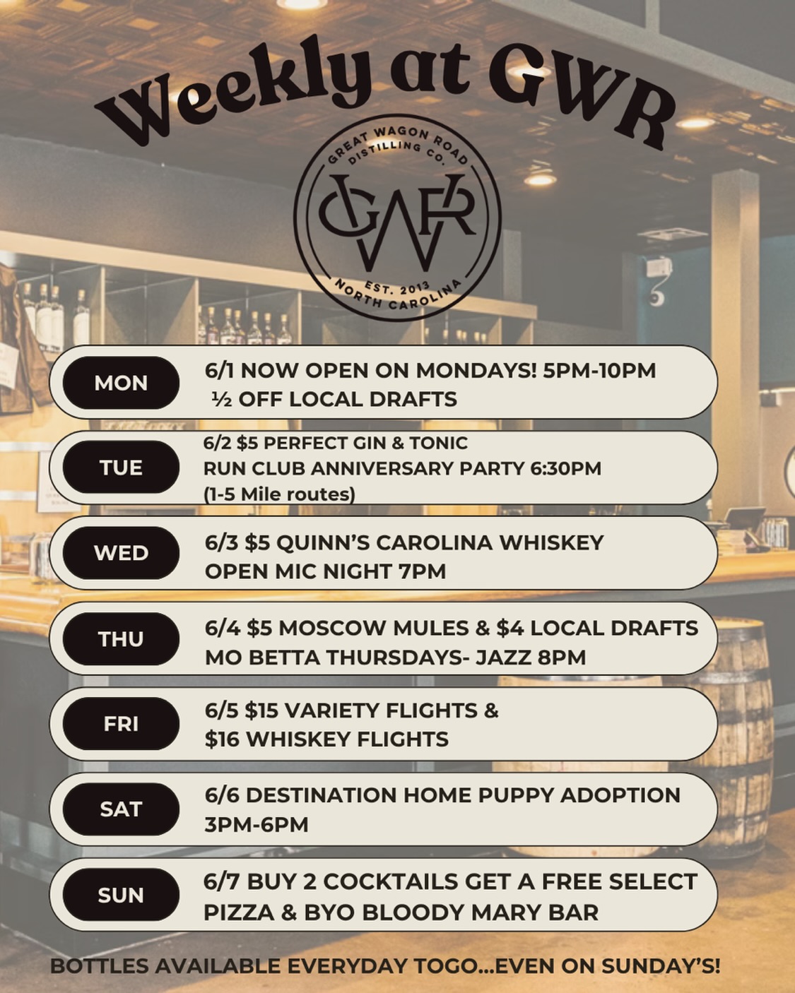 ✨ Check out what’s happening this week at the distillery!
🎉 Run Club Anniversary Party tonight
🎸 Wednesday Open Mic
🎷 Mobetta Thursdays
✈️ NEW Friday Flight Specials
🐶 @destinationhomepuppyrescue on Saturday
🍅 Our new Sunday Bloody Mary Bar
🍕 Plus, our Cocktail and Pizza Specials!
All the reasons to swing by and see us this week!🥃
#nodaclt #charlotteevents #bloodymarybar #pizza #localdistillery