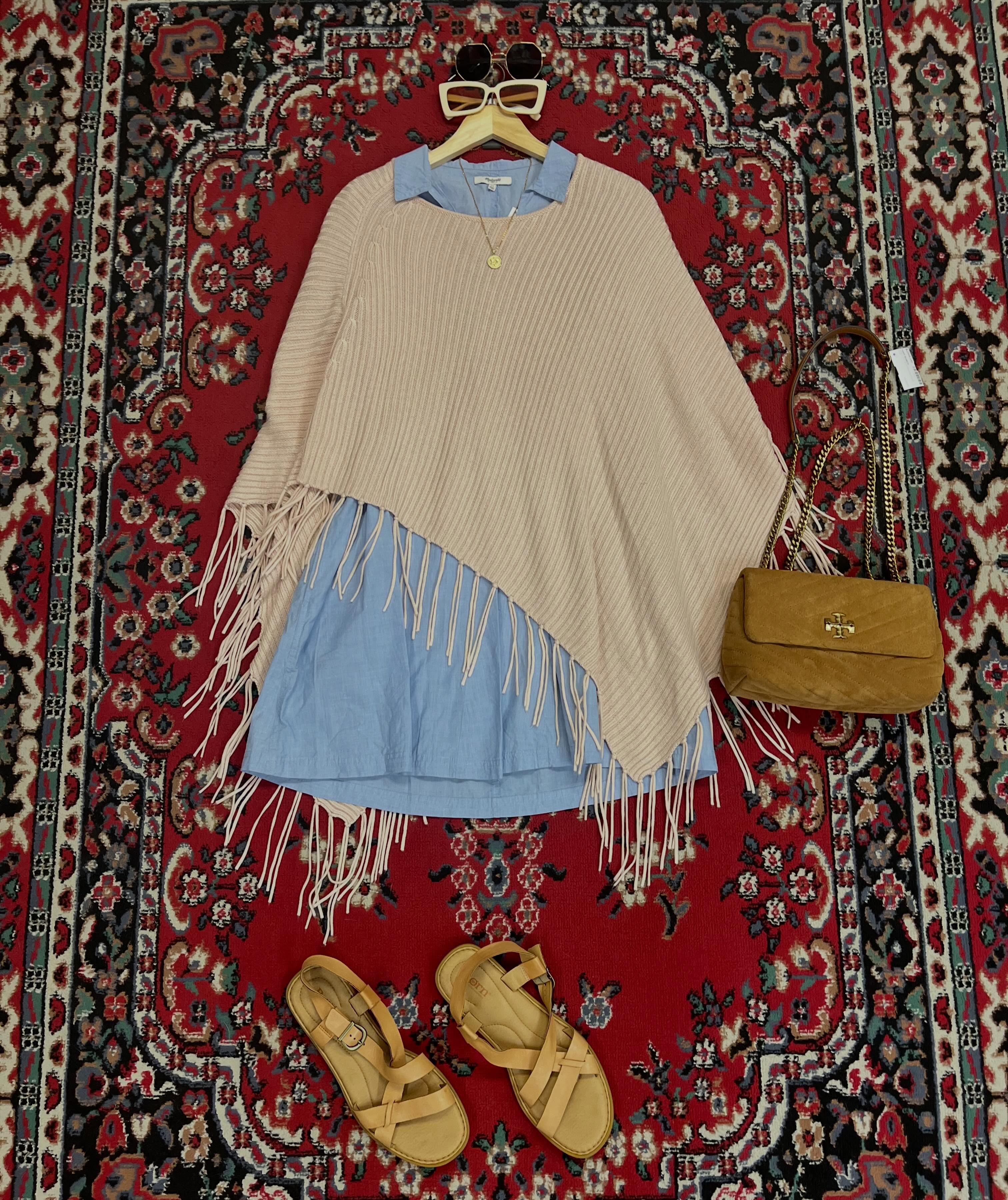 Don’t worry about the weather, just have the right layers ready because there’s no way to tell which way it’s going anyways. Even New England Weather Guy™️ can’t guarantee whether or not you’re going to need another layer so stash a few little things in the car or in your office so you’re not scrambling when the weather changes. Outfit by Sara-Ann and Lee. #couchsaleswithldr #ldrstaffpicks
DETAILS:
Sunglasses- $21 each
Necklace- $17
Poncho- No Name, M, $14
Dress- Madewell, XS, $34
Purse- Tory Burch, $289
Shoes- Born, 10, $24