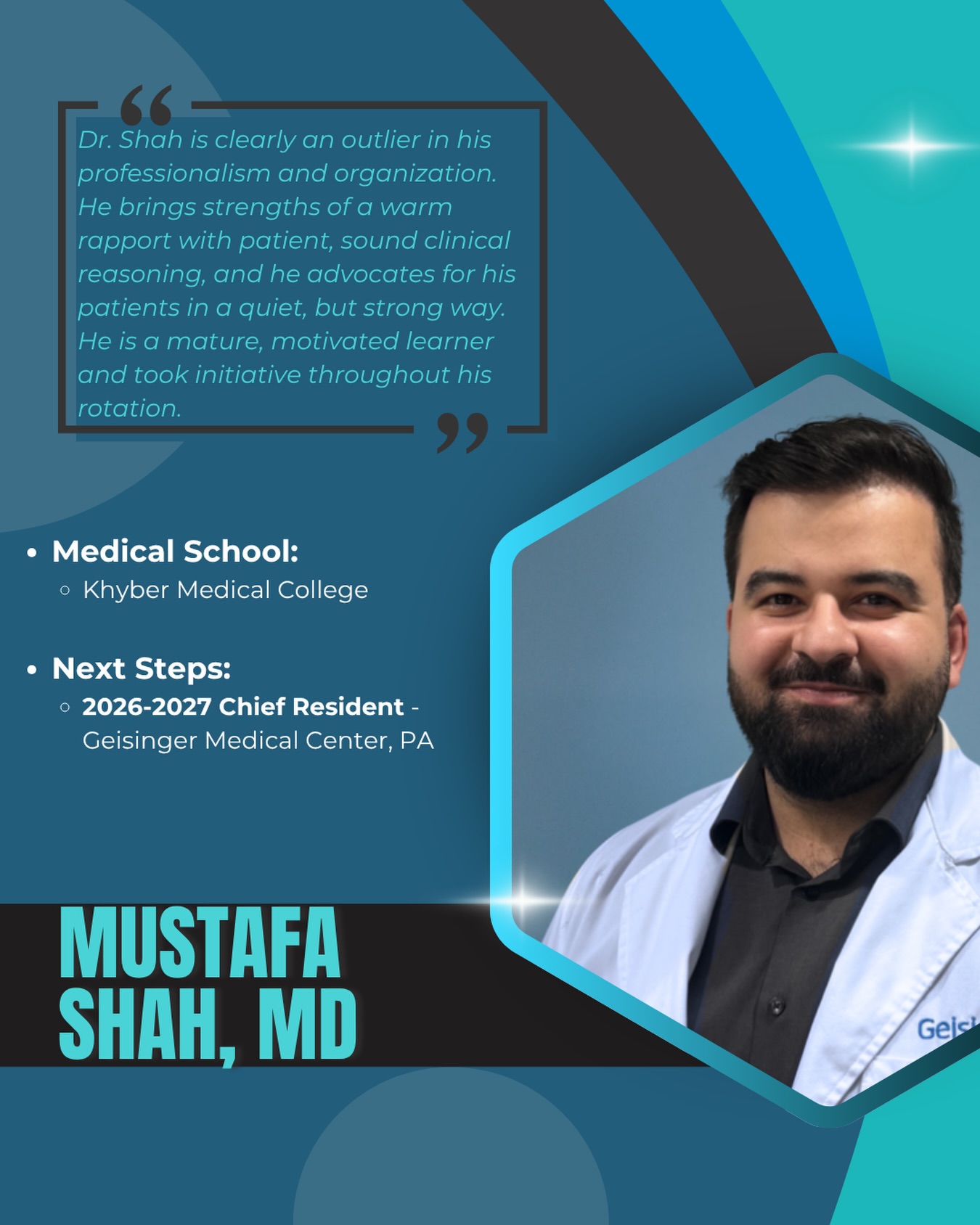 Last but certainly not least, we’re celebrating Dr. Mustafa Shah, whose professionalism, organization, warmth, and quiet leadership have made him such a valued member of our program. We’re thrilled he’ll be staying with us as one of our 2026–2027 Chief Resident at Geisinger!