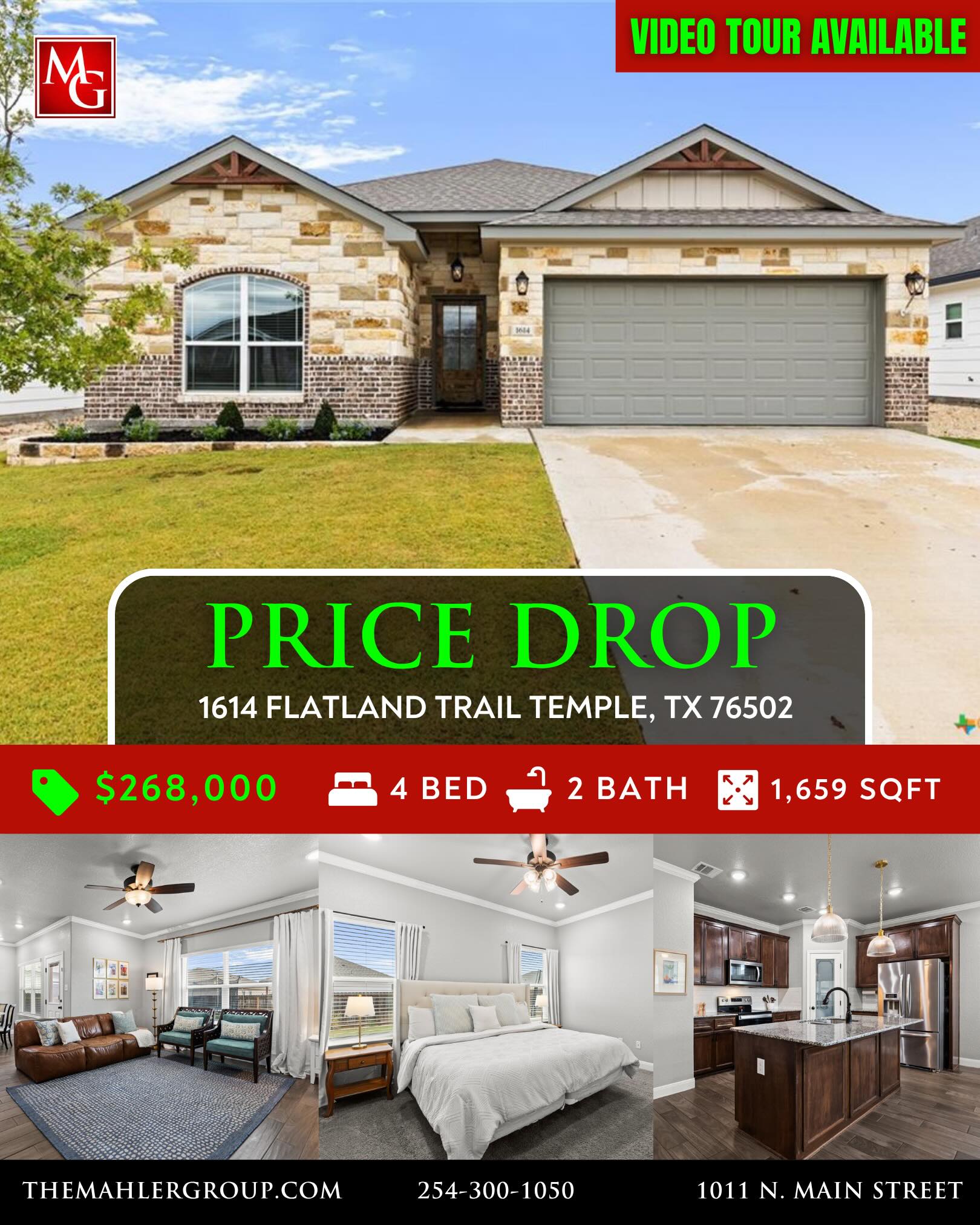 PRICE IMPROVEMENT!
1614 Flatland Trail Temple, TX 76502
4Bed/2 Bath 1,659 Sqft
$268,000
VIDEO TOUR AVAILABLE
Charming 3BR/2BA home with standout curb appeal featuring a front flower bed, Austin stone exterior, painted board-and-batten, stained wood accents, and an inviting stained wood front door. Inside, an open-concept layout offers generous living and dining space, complemented by light, bright walls and attractive, subtle wainscoting throughout for a polished custom feel. The stylish kitchen shines with dark navy painted cabinetry, stainless steel appliances, a designated pantry, and a spacious prep-and-serve island with room for bar-top seating—all under an abundance of recessed lighting. The spacious primary suite connects to a well-appointed bath with dual vanities, a soaking tub, separate shower, and a walk-in closet. Secondary bedrooms are nicely sized and conveniently located near the guest bath and laundry room. Step out back to a covered patio overlooking a north-facing backyard—fully fenced and irrigated with plenty of room to run, play, or garden. Ideally located within walking distance to Temple ISD’s new Fine Arts Academy and Sampson-Howard Elementary, plus just minutes from shopping, restaurants, medical centers, and I-35! Ideal possession: May/June timeframe.