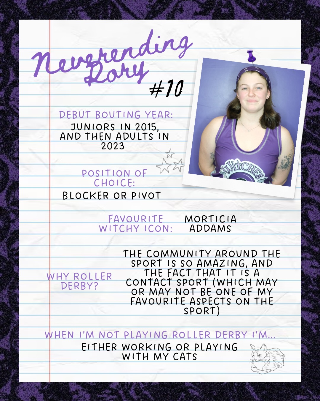 🔮 Meet the Witches 🔮
It’s nearly @thegreatsouthernslam week! So let’s meet some of the amazing witches who will be taking to the track in Adelaide 🛼
First up we have
☆ Neverending Rory
☆ Andy Slamberg
☆ Nicolas Rage
☆ Nat Oh9 Tails
☆ StrawBerry ShortSkate
Visit eastvicrollerderby.com/witch-of-the-week to meet the rest of our witches and learn more about the Witches of East Vic 💜