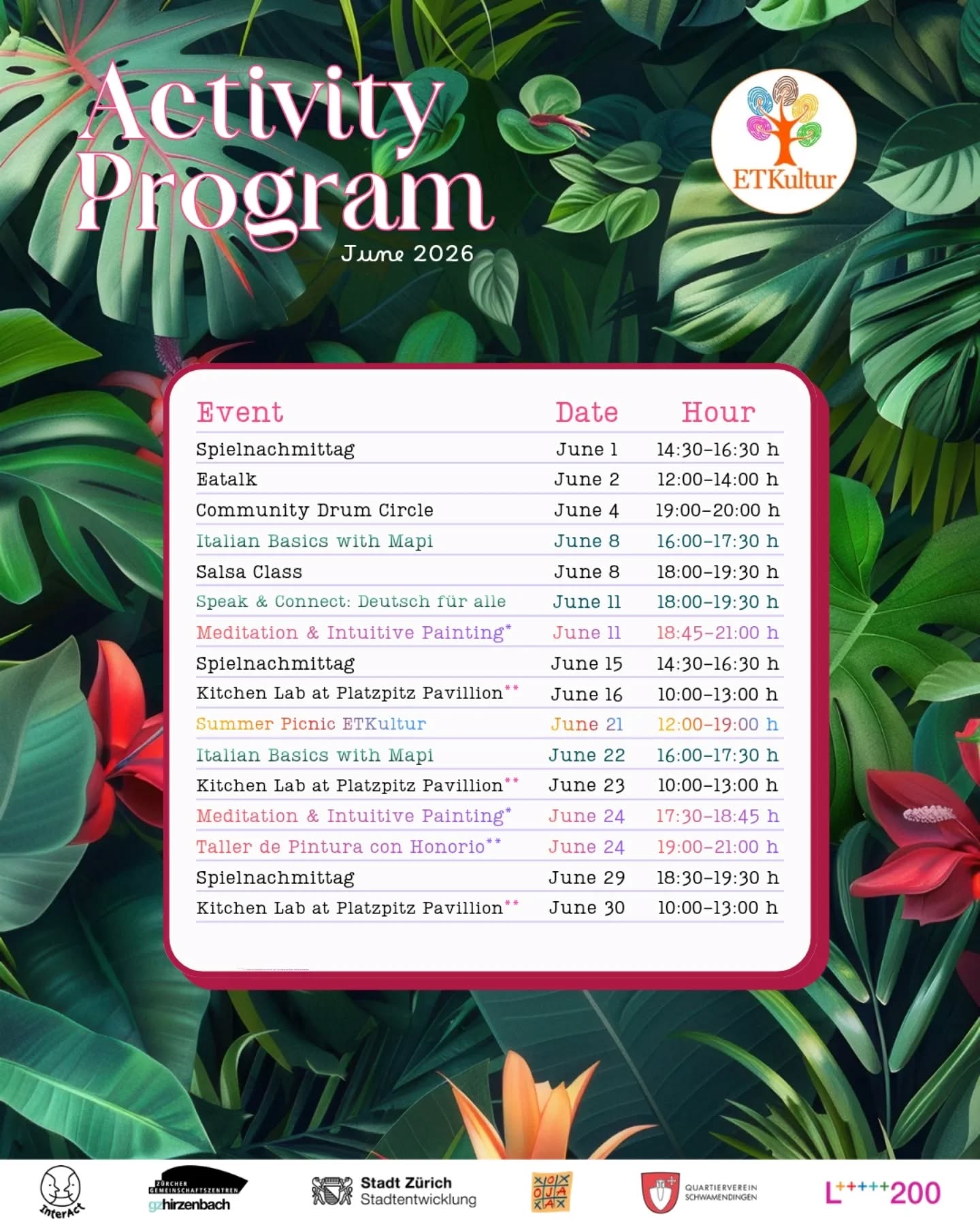 Der Juni ist da!
Von Salsa-Kursen und Malworkshops bis hin zu unserem jährlichen Picknick und vielen Gelegenheiten, sich auszutauschen, zu lernen und gemeinsam Spaß zu haben der Juni steckt voller Aktivitäten für alle.
Wirf einen Blick auf unseren Monatskalender und begleite uns durch einen weiteren Monat voller Gemeinschaft, Kreativität und schöner Begegnungen.
Bei welcher Aktivität bist du dabei?
____
June is here!
From salsa classes and painting workshops to our annual picnic and many opportunities to connect, learn and have fun together. June is packed with activities for everyone.
Check out our monthly calendar and join us for another month of community, creativity and meaningful encounters.
Which activity will you join?
-----
¡Junio ya está aquí!
Desde clases de salsa y talleres de pintura hasta nuestro picnic anual y muchas oportunidades para encontrarnos, aprender y divertirnos juntos, junio viene lleno de actividades para toda la comunidad.
Consulta nuestro calendario mensual y acompáñanos en otro mes de comunidad, creatividad y encuentros significativos.
¿A cuál actividad te unirás?
#ETKultur #interAct #savethedate #zurichactivities #joinus