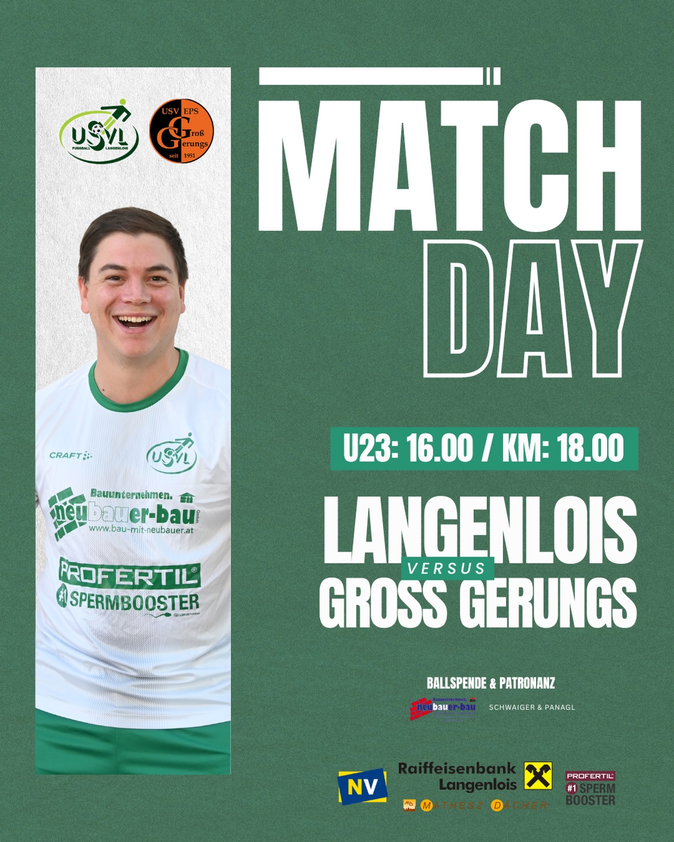 MATCHDAY! 💚🔥
Heute empfangen wir den USV Groß Gerungs am Sportplatz Langenlois.
Die Gäste aus dem Waldviertel stehen aktuell auf dem 10. Tabellenplatz. Für uns ist die Ausgangslage klar: Gföhl hat bereits am Donnerstag vorgelegt, daher gibt es heute nur ein Ziel – die drei Punkte müssen in Langenlois bleiben! 💪🏼⚽️
Wir wollen als Tabellenführer in die heiße Phase der Saison gehen und brauchen euch mehr denn je. Kommt vorbei, unterstützt unsere Jungs und sorgt für volle Ränge bei diesem wichtigen Heimspiel! 👏🏼
Besonders emotional wird der heutige Nachmittag für Stefan Miksch. Für ihn ist es das letzte Heimspiel im USVL-Dress. 💚 @stefanmiksch
Lasst uns gemeinsam dafür sorgen, dass er einen würdigen Abschied bekommt und ihm noch einmal den Applaus schenkt, den er sich über all die Jahre verdient hat.
📍 Sportplatz Langenlois
🕓 U23: 16:00 Uhr
🕕 KM: 18:00 Uhr
#forzausvl #matchday #heimspiel #wirfürlois #endspurt