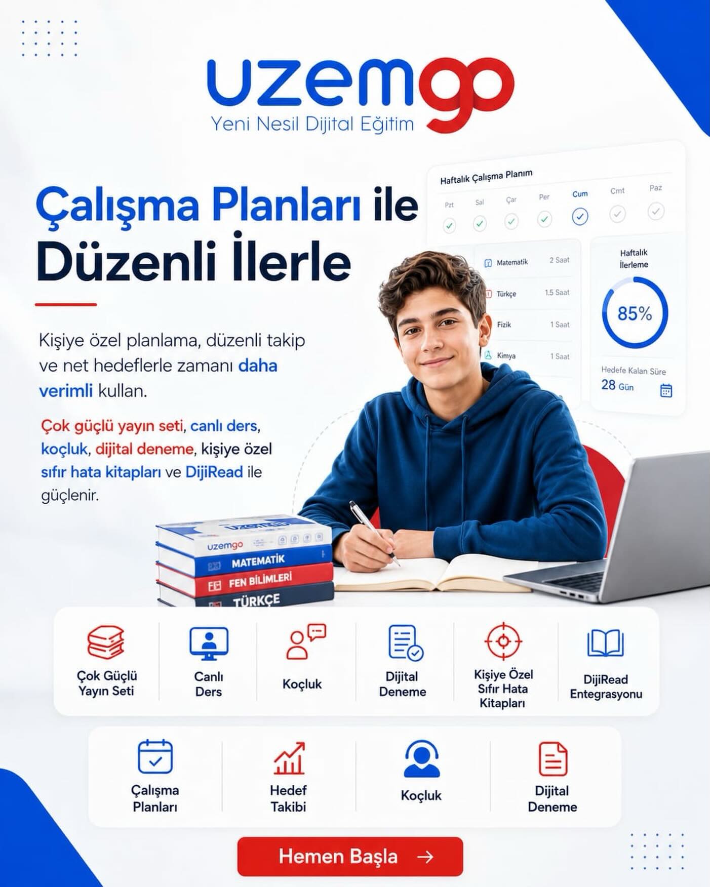 Sınav hazırlığında zamanı doğru kullanmak için kişiye özel planlama ve düzenli takip gerekir.
UzemGO’da çalışma planları; canlı ders, koçluk, dijital deneme, güçlü yayın seti, sıfır hata kitapları ve DijiRead ile desteklenir.
#UzemGO #ÇalışmaPlanı #DersProgramı #VerimliÇalışma #HedefTakibi Koçluk DijitalDeneme LGSÇalışmaPlanı YKSÇalışmaPlanı OnlineDershane
