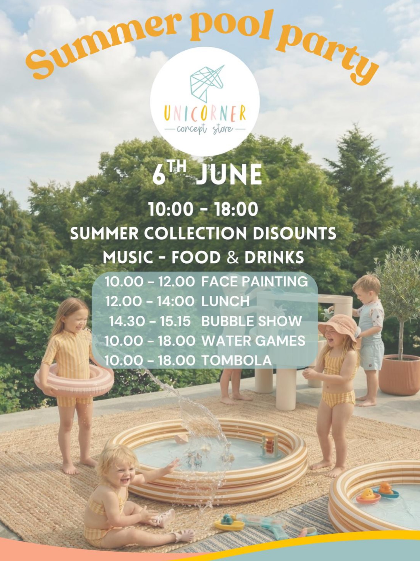 ☀️💦 SUMMER POOL PARTY AT UNICORNER 💦☀️ Get ready for a day full of water fun, laughter and unforgettable summer memories with your little ones 🌈🍉 Join us for our FREE community summer event — the perfect opportunity to get together with family & friends, enjoy the outdoors, support your local store and create magical memories with your kiddos 🤍 ✨ EVENT PROGRAMME ✨ 🎨 Face Painting | 10:00–12:00 🍴 Lunch Time | 12:00–14:00 🫧 Bubble Show | 14:30–15:15 💦 Water Games | 10:00–18:00 🎟️ Tombola | 10:00–18:00 The event will@be held indoors or outdoors according to the weather conditions. ☀️ As this is a FREE event to spread a little community love, we kindly ask that you share this event with your family & friends 🤍 It takes just one click to help spread the word and it truly means the world to us #luxembourgsummer #kidsofluxembourg #luxembourgparents #luxembourgsmallbusiness