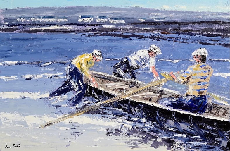 SOLD. . LOT 89. Morgan o’Driscoll Online Art Auction.” Hauling up the Currach. Inishmore. Aran.” Oils. Canvas 20/30ins. Guide €1500. See online bids now