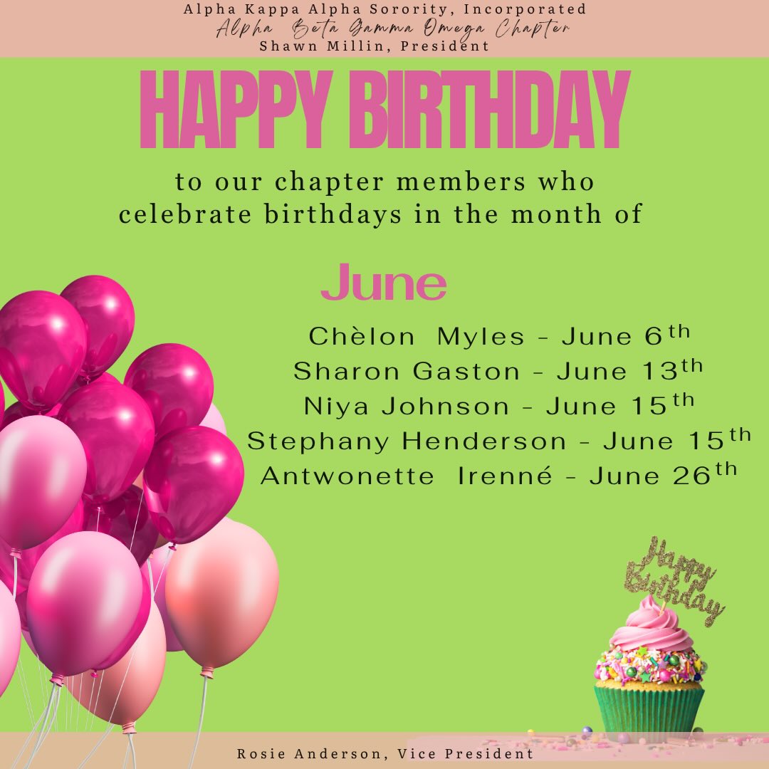 🎉🌸 Happy Birthday to Our June Chapter Members! 🌸🎉
Alpha Beta Gamma Omega Chapter extends heartfelt birthday wishes to all of our amazing June-born Sisters!
As we celebrate another month of sisterhood, we honor each of you for the light you bring to our chapter, our communities, and the lives of those around you. May this new year be filled with abundant blessings, good health, joy, success, and countless reasons to smile.
Thank you for your service, leadership, friendship, and unwavering commitment to our beloved sisterhood. We are grateful for the unique gifts and talents you share with Alpha Beta Gamma Omega.
May your birthday month be as beautiful, inspiring, and extraordinary as you all are!
💕 Happy Birthday, June Sisters! 💚
#ABGO #ΑΒΓΩ
#JuneBirthdays
#Sisterhood
#AKA1908
AlphaBetaGammaOmega
ServiceAndSisterhood
EasternBaltimoreCounty