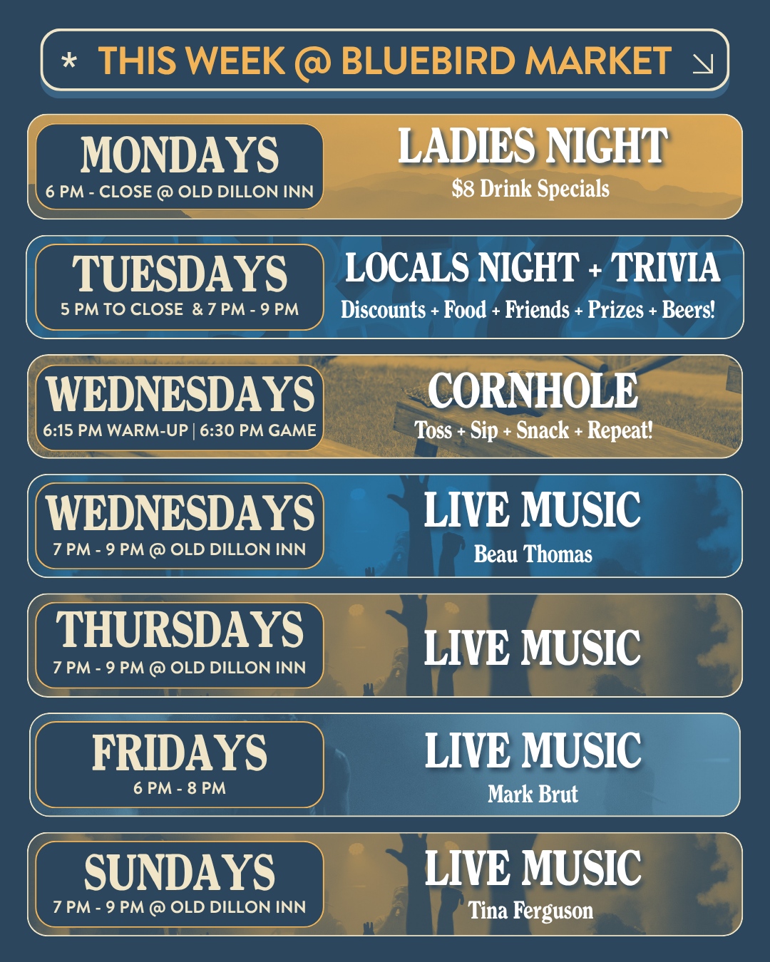 Here's your Bluebird game plan for the week ๐ฏ
Tuesday | Locals Night
Discounts
๐ 10% off at Melody's Trattoria
๐ 10% off at Chef Daddy's Grill
๐ฆ 15% off at Summit Scoops
๐บ $2 off drinks at Upslope Aprรจs Outpost+
๐คฉ Trivia from 7โ9 PM
Wednesday | Cornhole Night
Warm up at 6:15 PM, games at 6:30 PM
Wednesday | Live Music at the Old Dillon Inn
๐ธ Beau Thomas | 7 to 9 PM
Thursday | Live Music at ODI with Little Bird Trio
5โ7 PM
Friday | Cole Clark (Live)
6โ8 PM ๐ธ
Sunday 7PM- 9PM
๐ถ Live music featuring Tina Ferguson at Old Dillon Inn
Food. Drinks. Games. Live music.
All in one place.
Learn more at the link in the bio.
#BluebirdMarket #ColoradoEats #SummitCounty #LiveMusicVibes #FoodieFinds @SilverthorneColorado @thesummitchamber @leon.littlebird @tfergusonmusic @outletsatsilverthorne @summit_scoops @upslope @beauthomasmusic @markbrutmusic