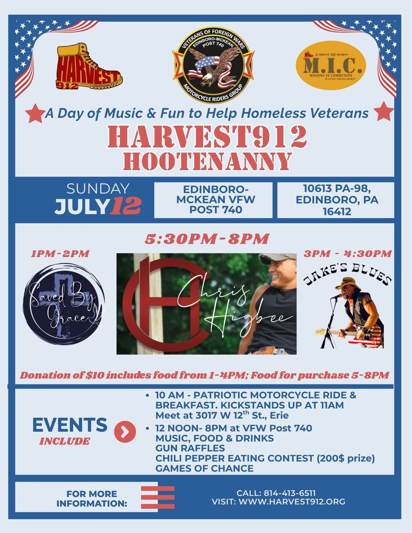 Mark your calendars! The Harvest912 Hootenanny is BACK.
Sunday, July 12 at VFW Post 740 in Edinboro. A full day of music, food, games, and community starting at noon, all to support homeless veterans through our M.I.C. (Missing in Community) program. You won't want to miss this one.