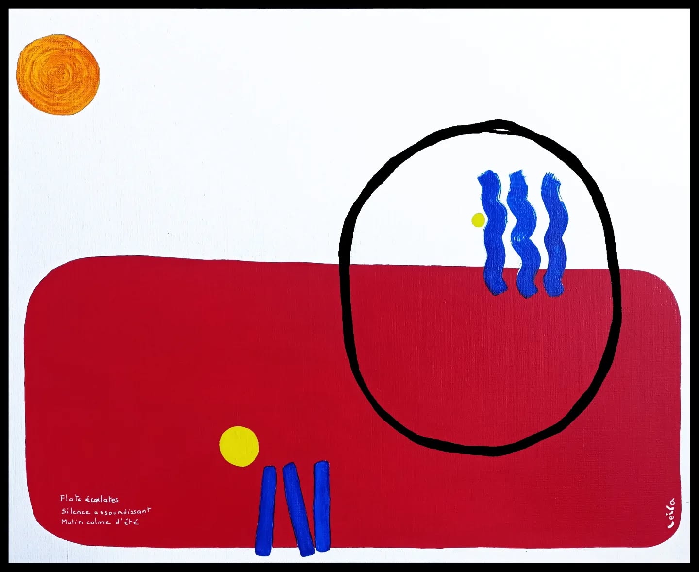 Et voici le 3eme... Rouge évidemment !
Flots écarlates
Silence assourdissant
Matin calme d'été
Matin calme - Rouge - 2026 - 61x50 cm - Collection Les Ensoleillés -
#peinture #tryptique #Haiku #newwork #contemporaryart
