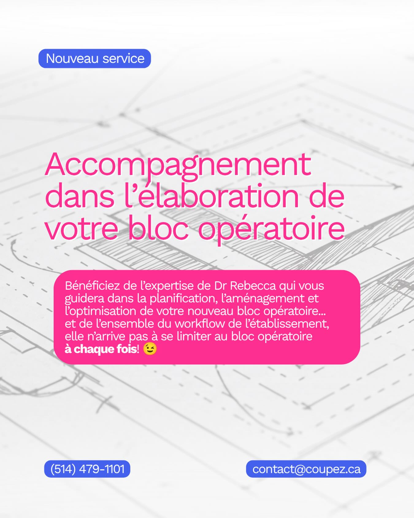 Vous avez un projet de développement, de rénovation ou d’agrandissement de votre bloc opératoire? Dr Rebecca est là pour vous accompagner dans votre projet!
Passionnée par l’optimisation des espaces et le “workflow”, elle vous offre son expertise et ses recommandations personnalisées selon vos plans, votre espace et vos besoins.
✉️ Pour obtenir plus d’informations sur ce nouveau service (dont quelques cliniques ont déjà bénéficiées avant son lancement officiel), écrivez-nous au contact@coupez.ca
Au plaisir de vous accompagner dans votre projet de construction! ✨