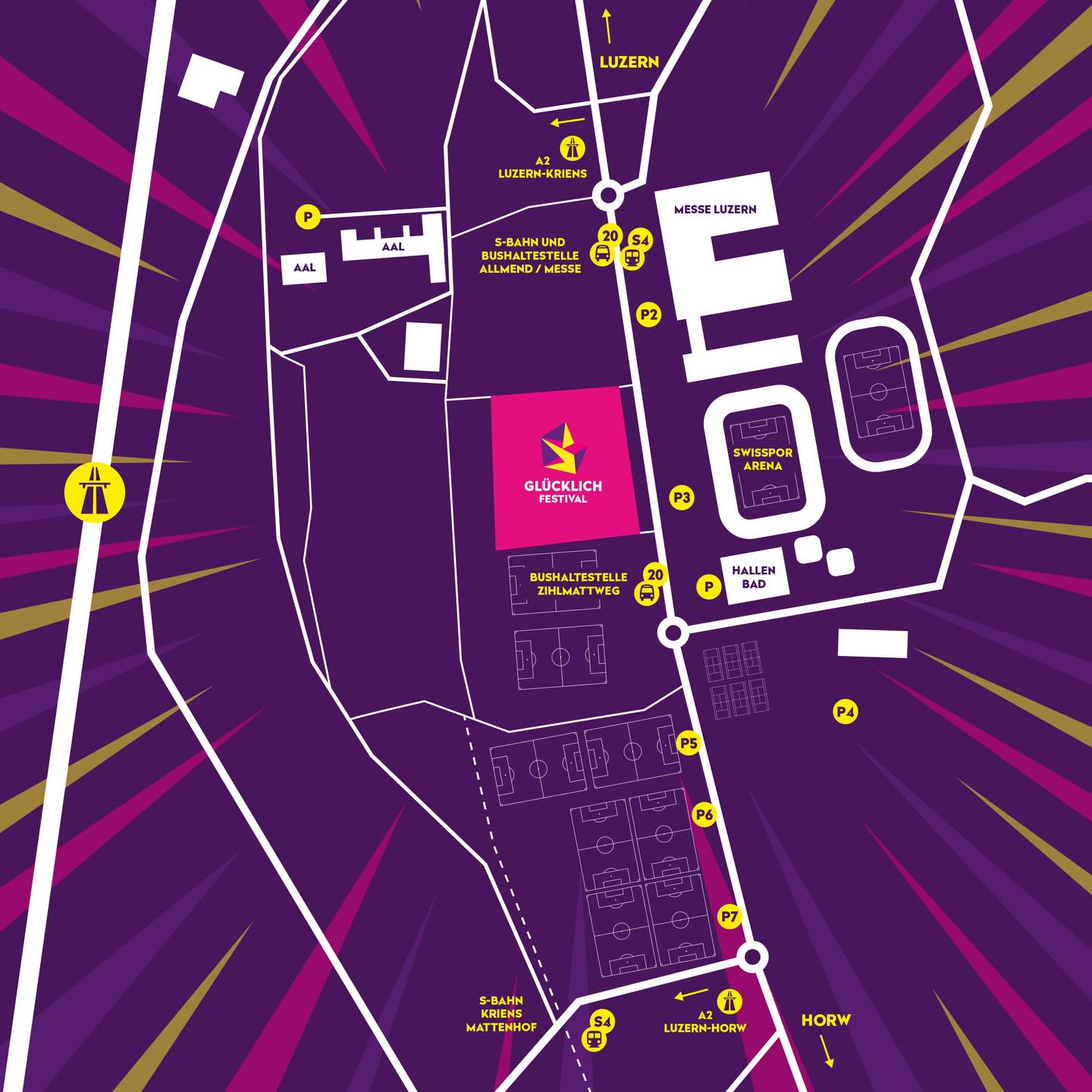 Damit du am 4. Juli möglichst entspannt aufs Festival kommst 🚋✨
Wir empfehlen die Anreise mit den öffentlichen Verkehrsmitteln:
🚆 Mit dem Zug (Zentralbahn)
S4 / S5 bis Haltestelle «Allmend/Messe»
🚌 Mit dem Bus
Bis «Allmend/Messe» oder «Zihlmattweg»
🚗 Es gibt keine offiziellen Festival-Parkplätze. Wer kann, reist am besten mit dem ÖV oder dem Fahrrad an.
📍 Allmend Luzern
🎶 Stubete Gäng, Veronica Fusaro, Marc Sway, Kunz & Tom Gregory
💜💛🩷
#GluecklichFestival #Luzern #AllmendLuzern #FestivalSommer